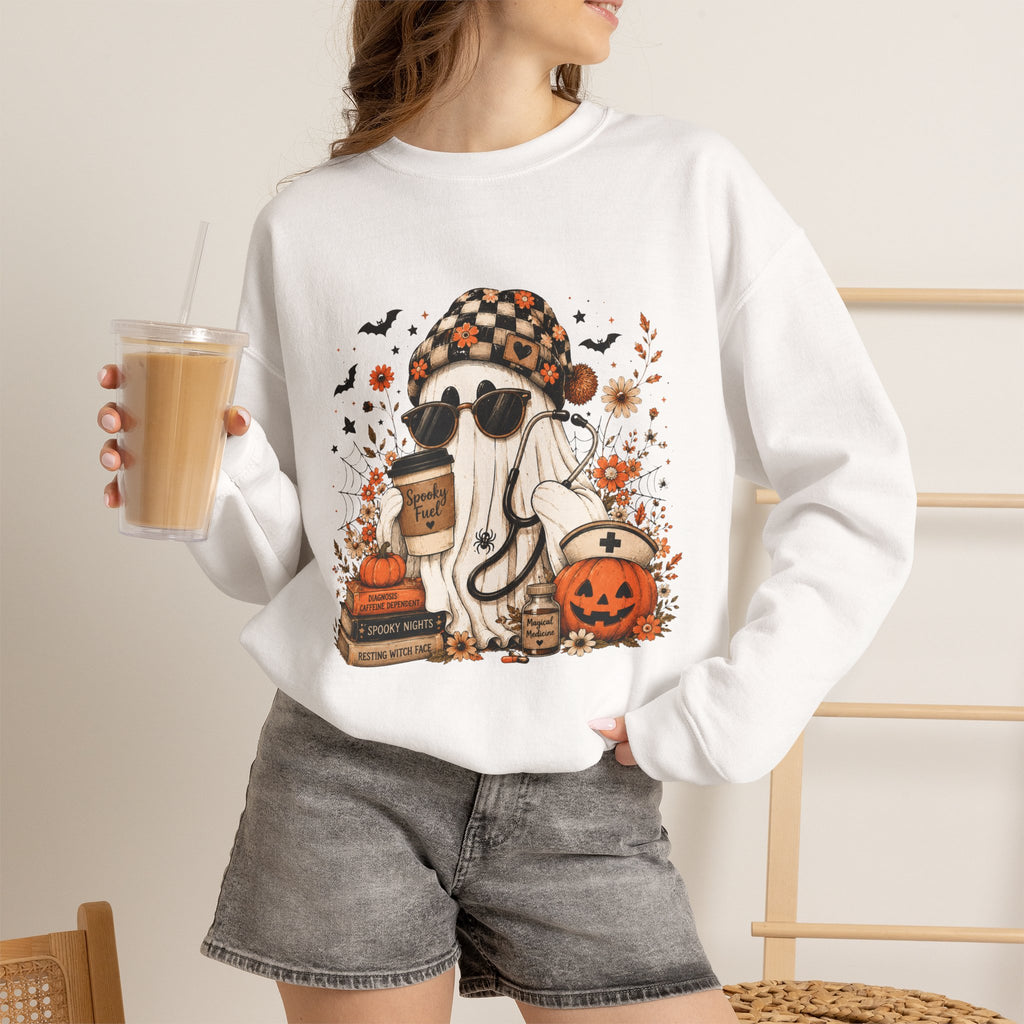 Cozy Halloween Ghost with Pumpkin Crewneck Sweatshirt | Fall Haunted Style Unisex