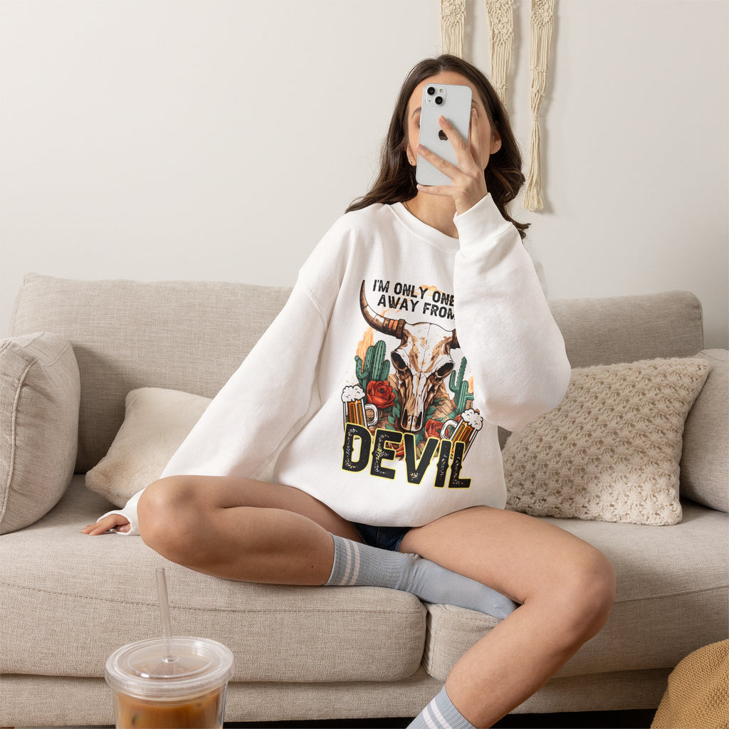 Devil Drink Sweatshirt — 'I'm Only One Drink Away From The Devil' Western Skull Crewneck Unisex