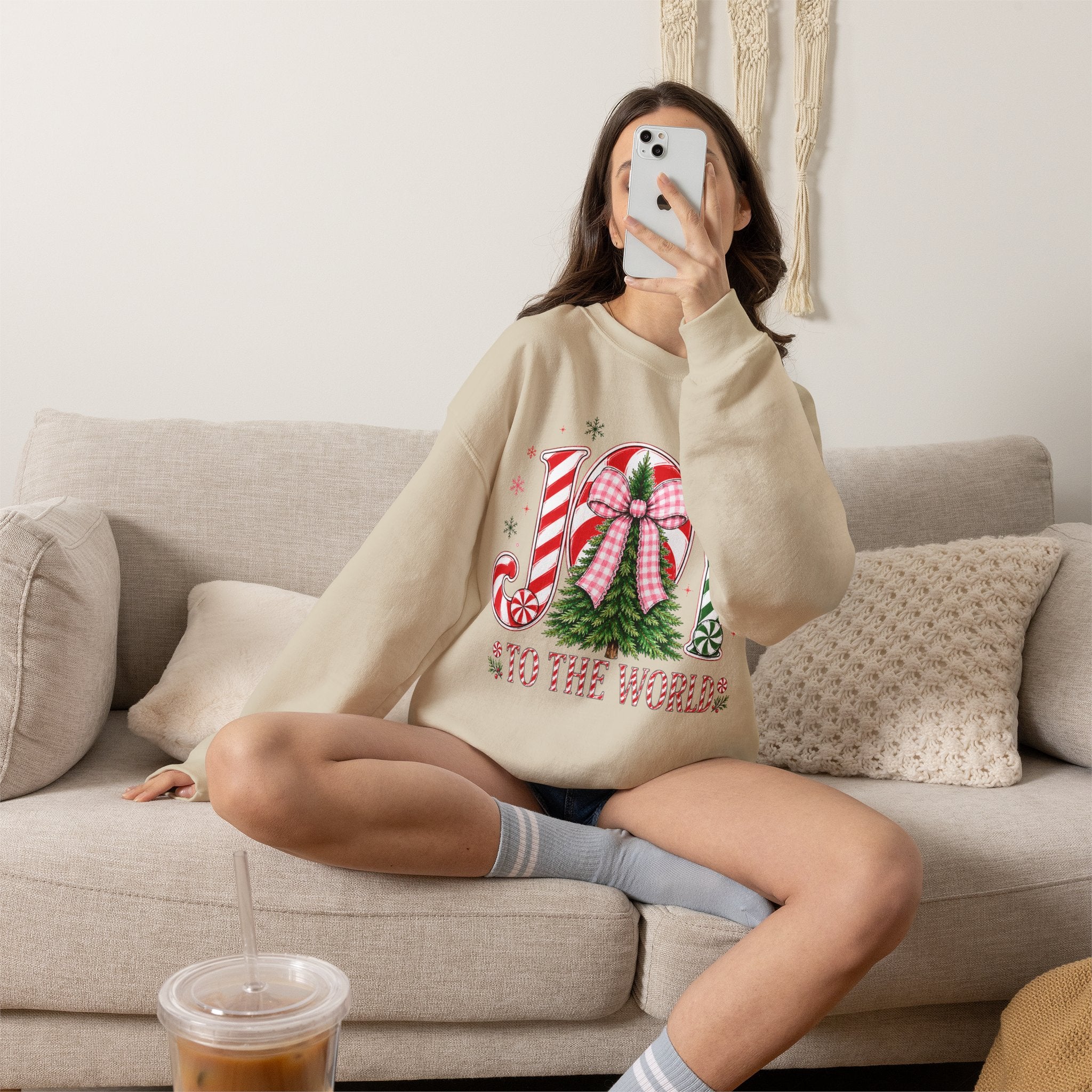 JOY to the World Christmas Sweatshirt — Festive Candy Cane & Wreath Holiday Crewneck
