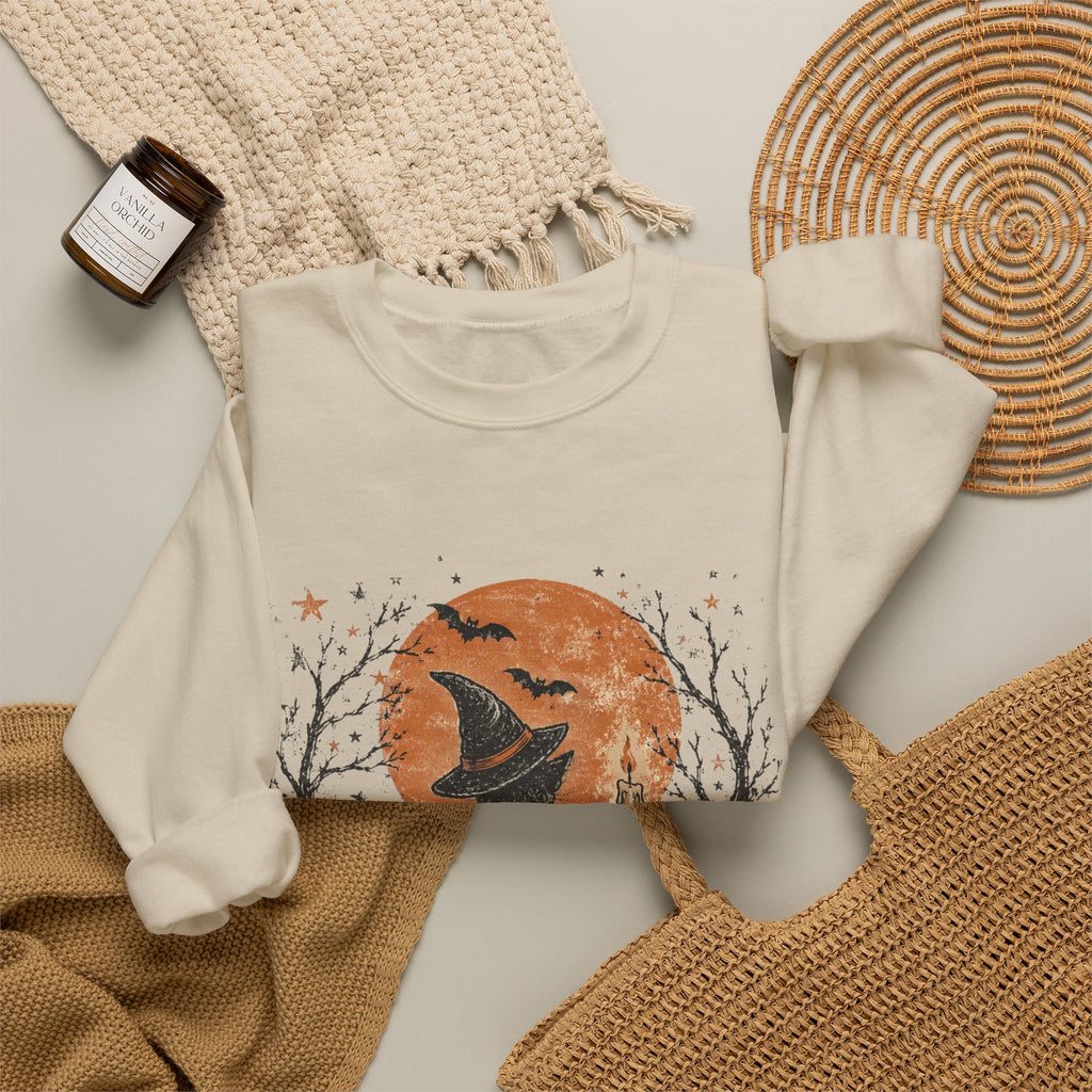 Halloween Cat & Pumpkin Crewneck Sweatshirt — Spooky Moonlit Witchy Vibe