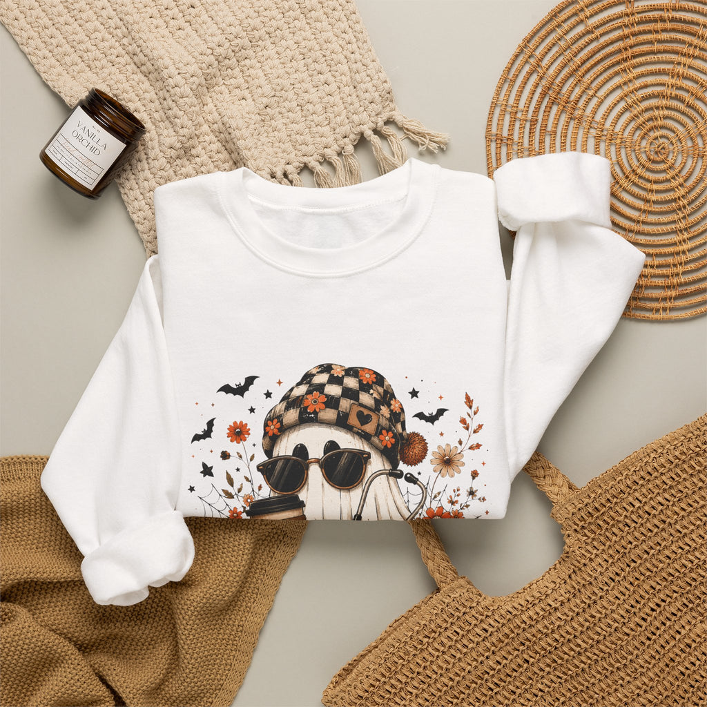 Cozy Halloween Ghost with Pumpkin Crewneck Sweatshirt | Fall Haunted Style Unisex
