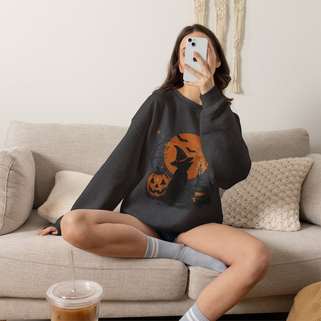 Halloween Cat & Pumpkin Crewneck Sweatshirt — Spooky Moonlit Witchy Vibe