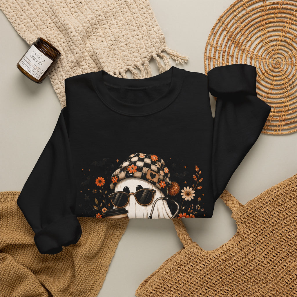 Cozy Halloween Ghost with Pumpkin Crewneck Sweatshirt | Fall Haunted Style Unisex