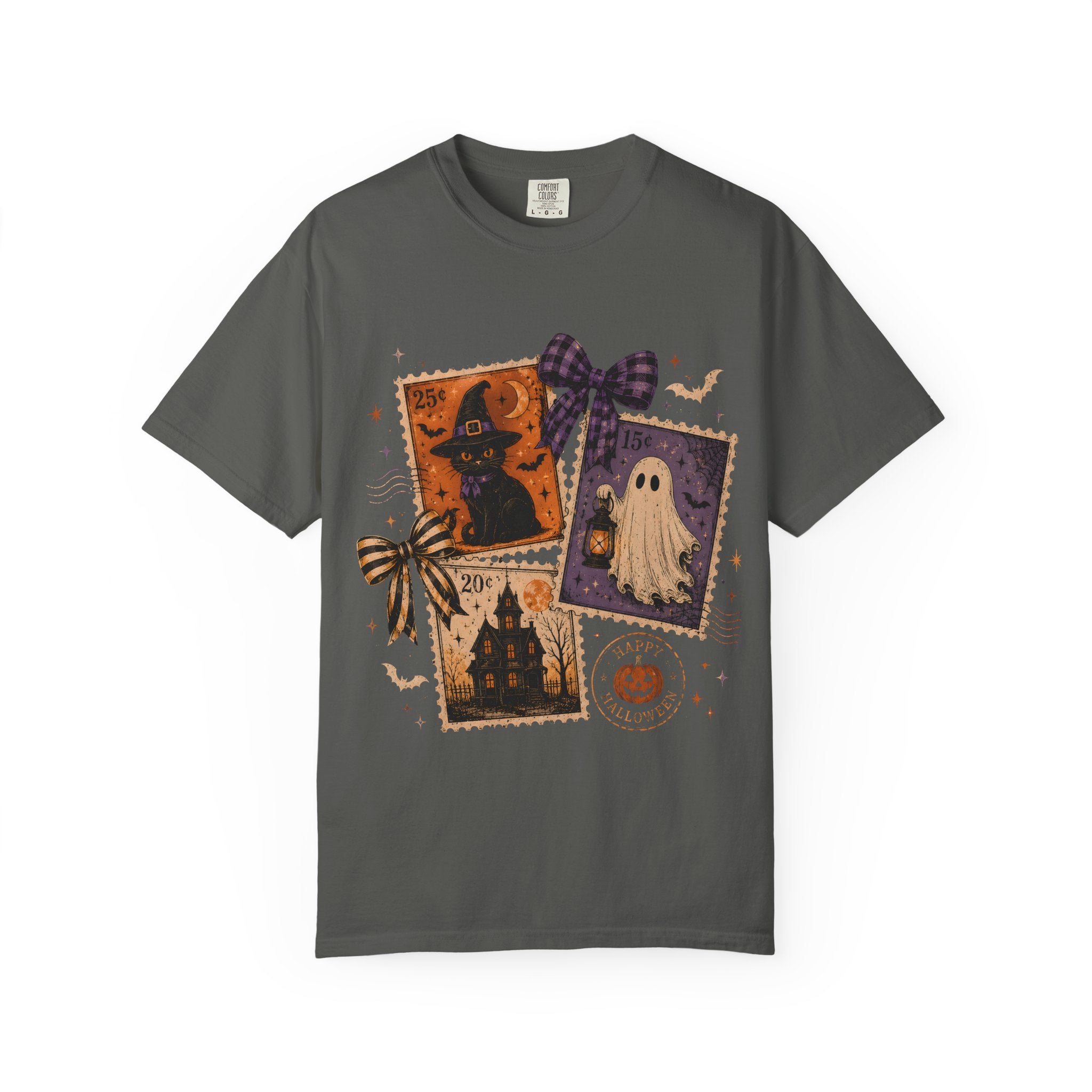 Vintage Halloween Stamps T-Shirt | Witch Ghost Haunted House Postage
