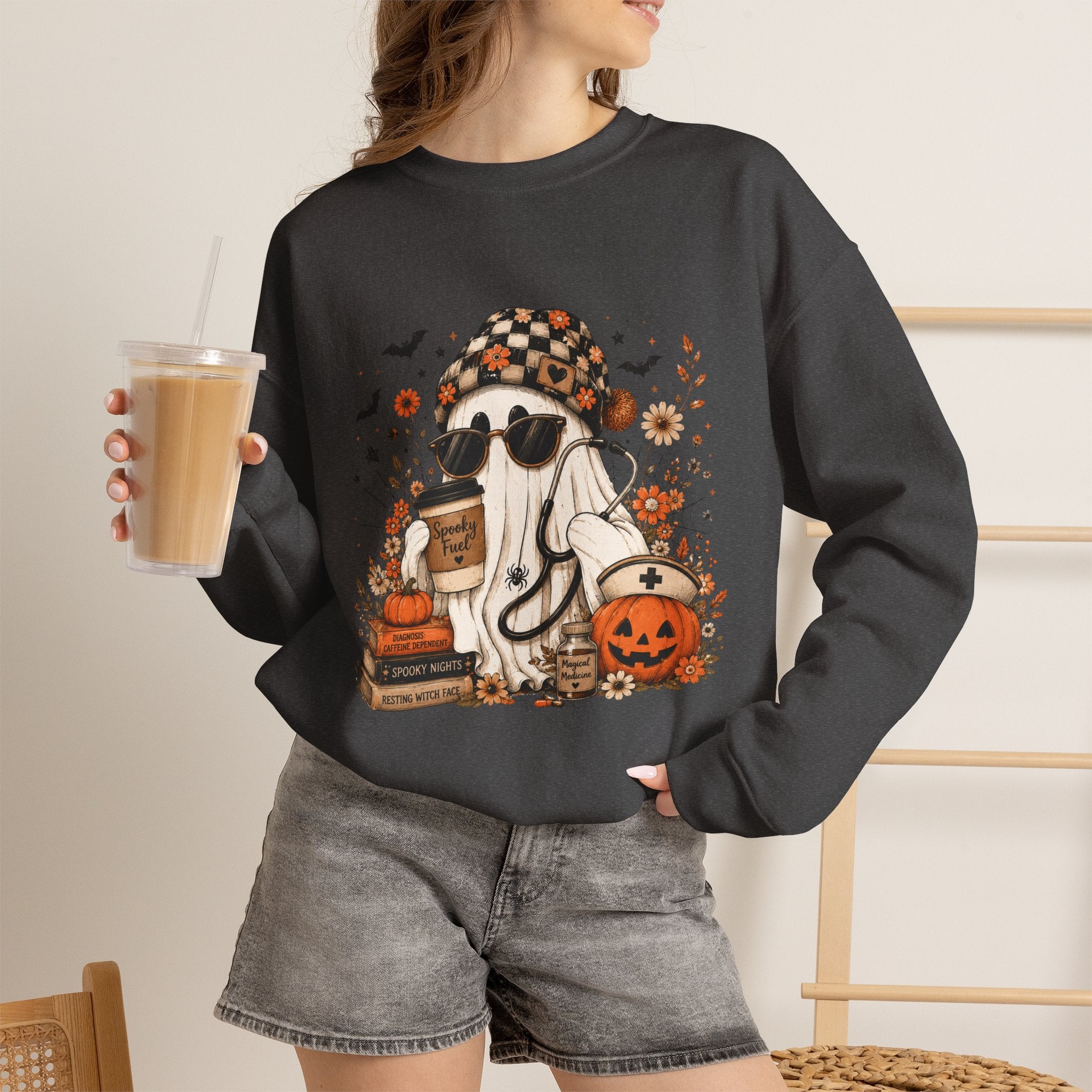 Cozy Halloween Ghost with Pumpkin Crewneck Sweatshirt | Fall Haunted Style Unisex