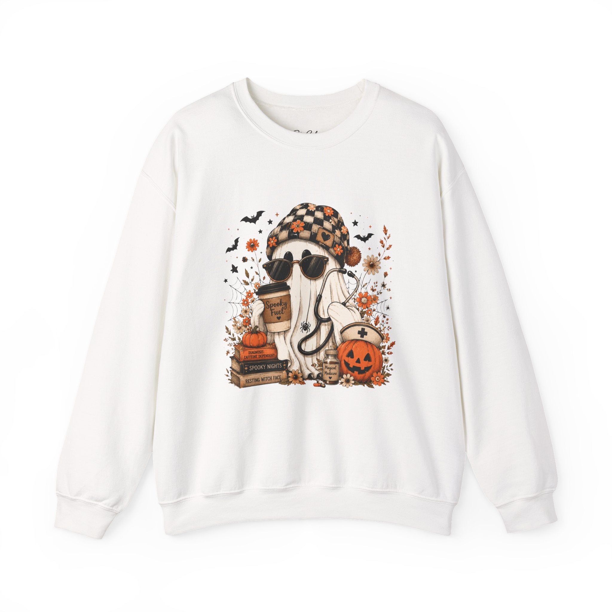 Cozy Halloween Ghost with Pumpkin Crewneck Sweatshirt | Fall Haunted Style Unisex