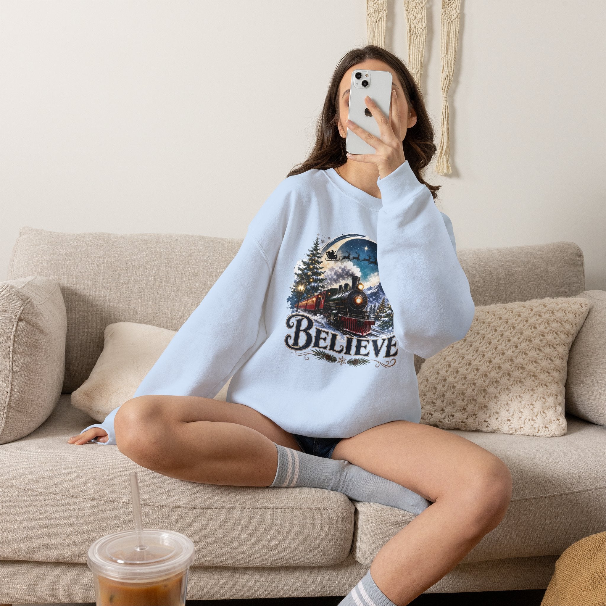 Believe Train Sweatshirt - Vintage Holiday Winter Steam Locomotive Crewneck