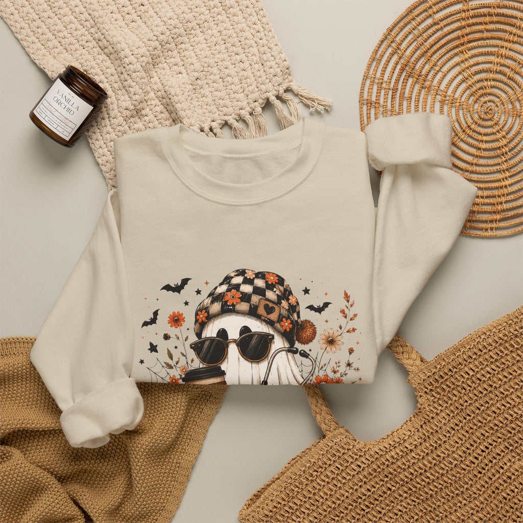 Cozy Halloween Ghost with Pumpkin Crewneck Sweatshirt | Fall Haunted Style Unisex
