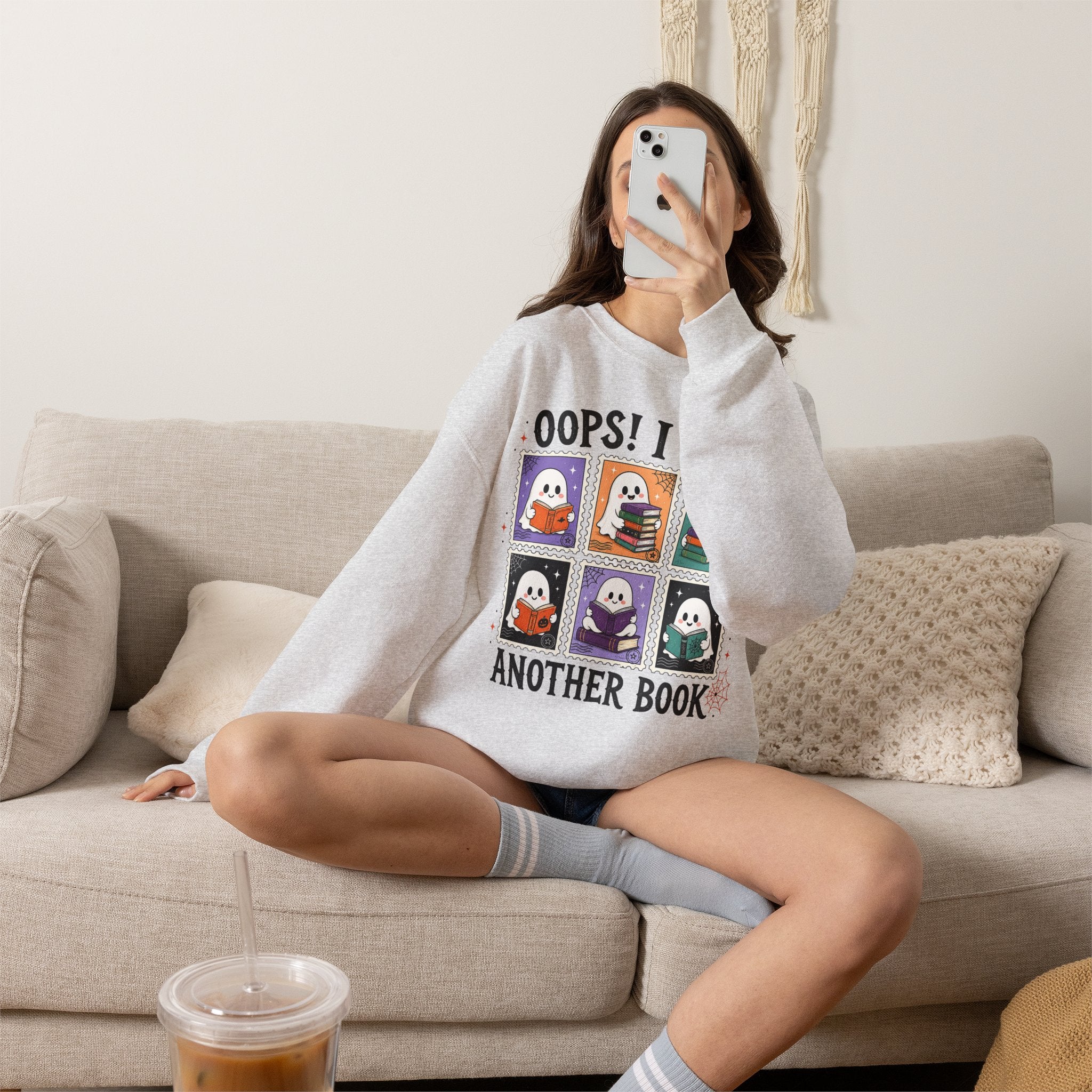 Crewneck Sweatshirt — "Oops! I Got Another Book" Cute Reading Ghosts Graphic