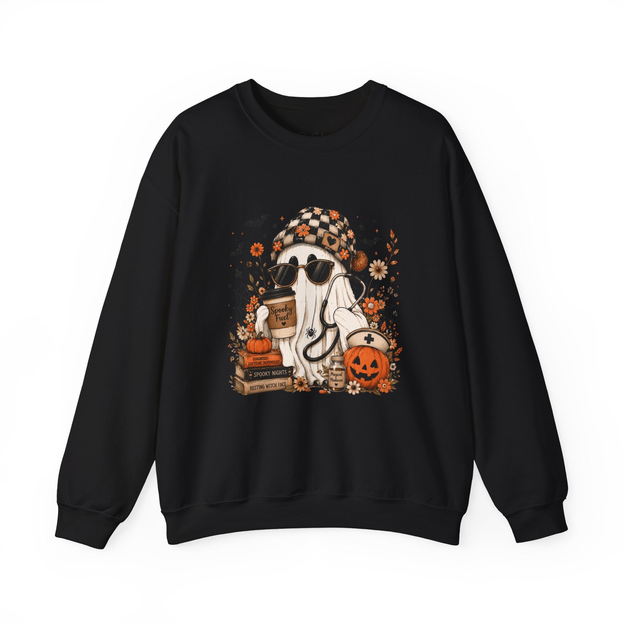 Cozy Halloween Ghost with Pumpkin Crewneck Sweatshirt | Fall Haunted Style Unisex