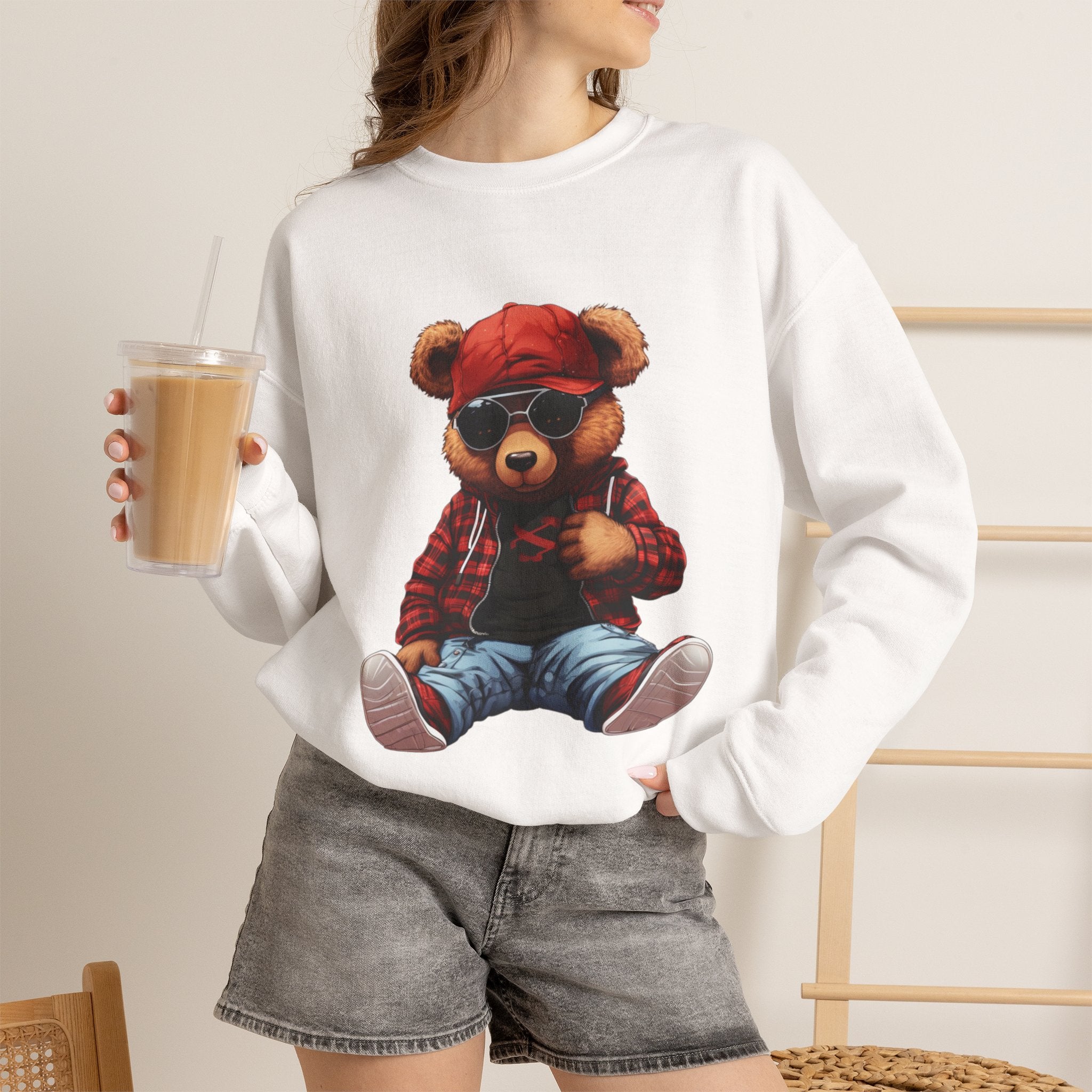 Cool Teddy Bear Crewneck Sweatshirt - Hipster Bear Graphic Pullover