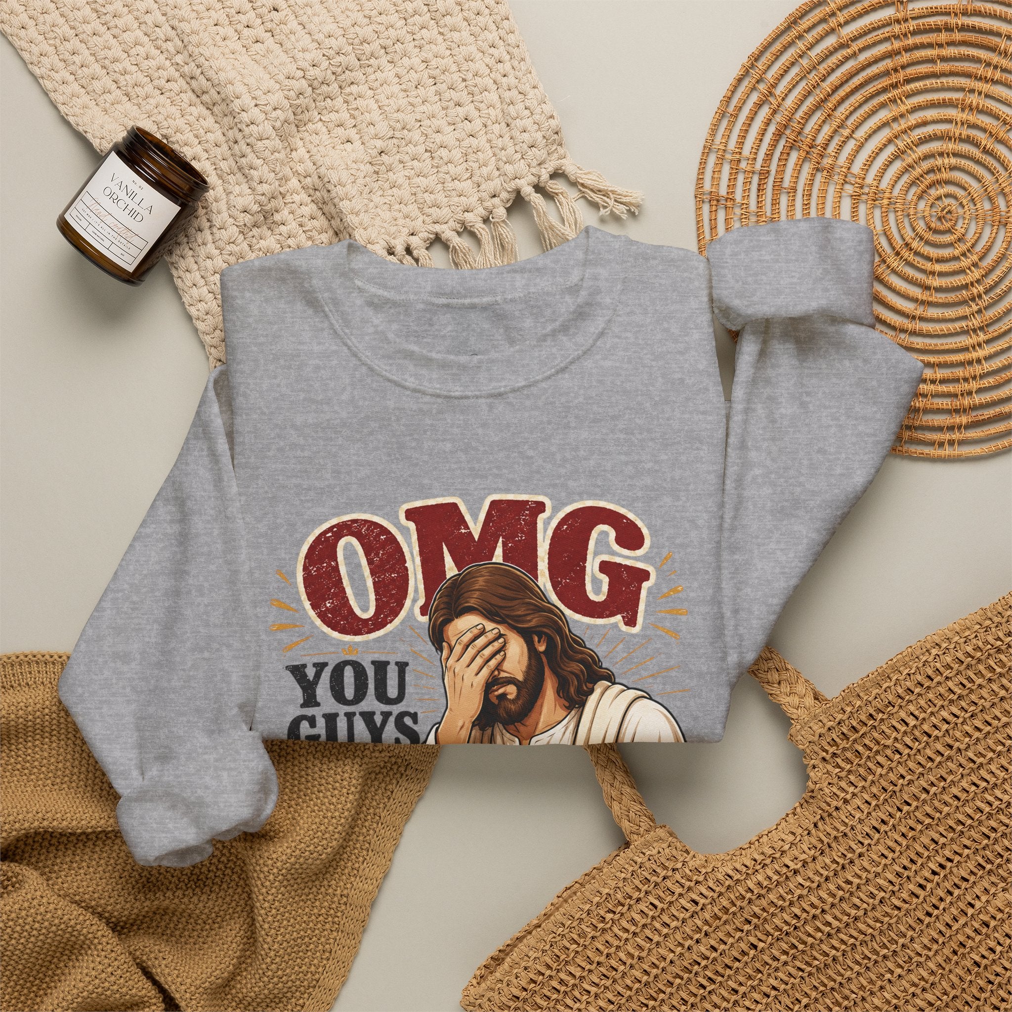 Relatable Jesus Facepalm Crewneck Sweatshirt – "OMG You Guys That's Not What I Said" Christian Pullover