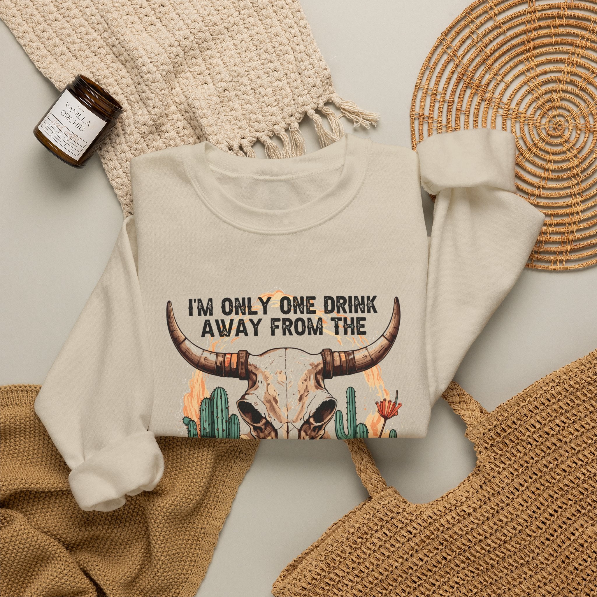 Devil Drink Sweatshirt — 'I'm Only One Drink Away From The Devil' Western Skull Crewneck Unisex