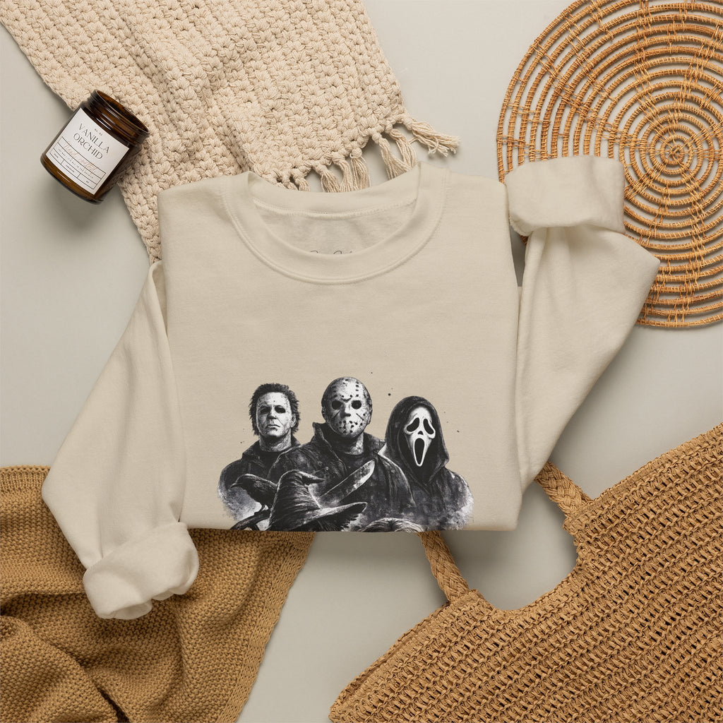 Horror Icons Crewneck Sweatshirt — Vintage Halloween Slasher Collage