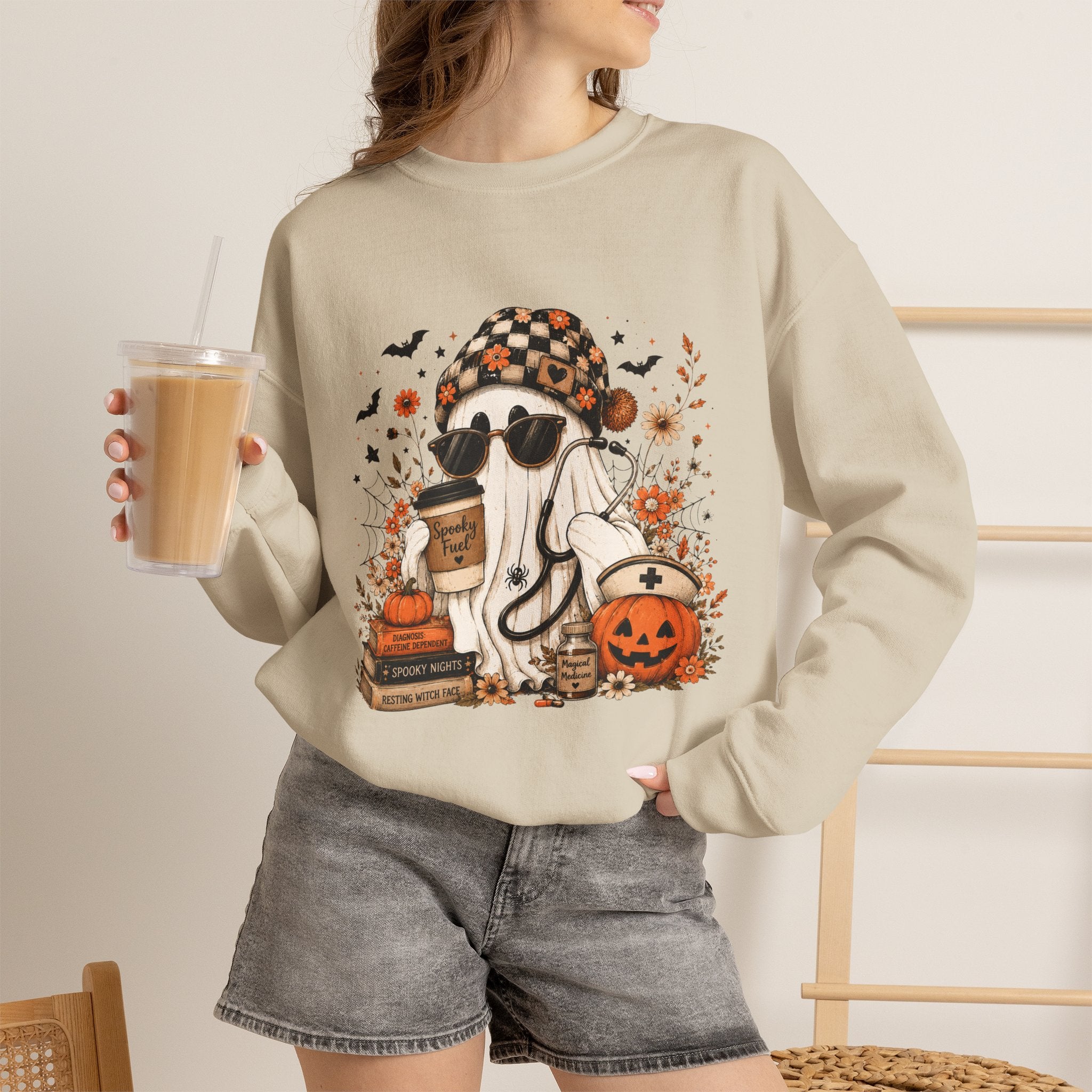 Cozy Halloween Ghost with Pumpkin Crewneck Sweatshirt | Fall Haunted Style Unisex
