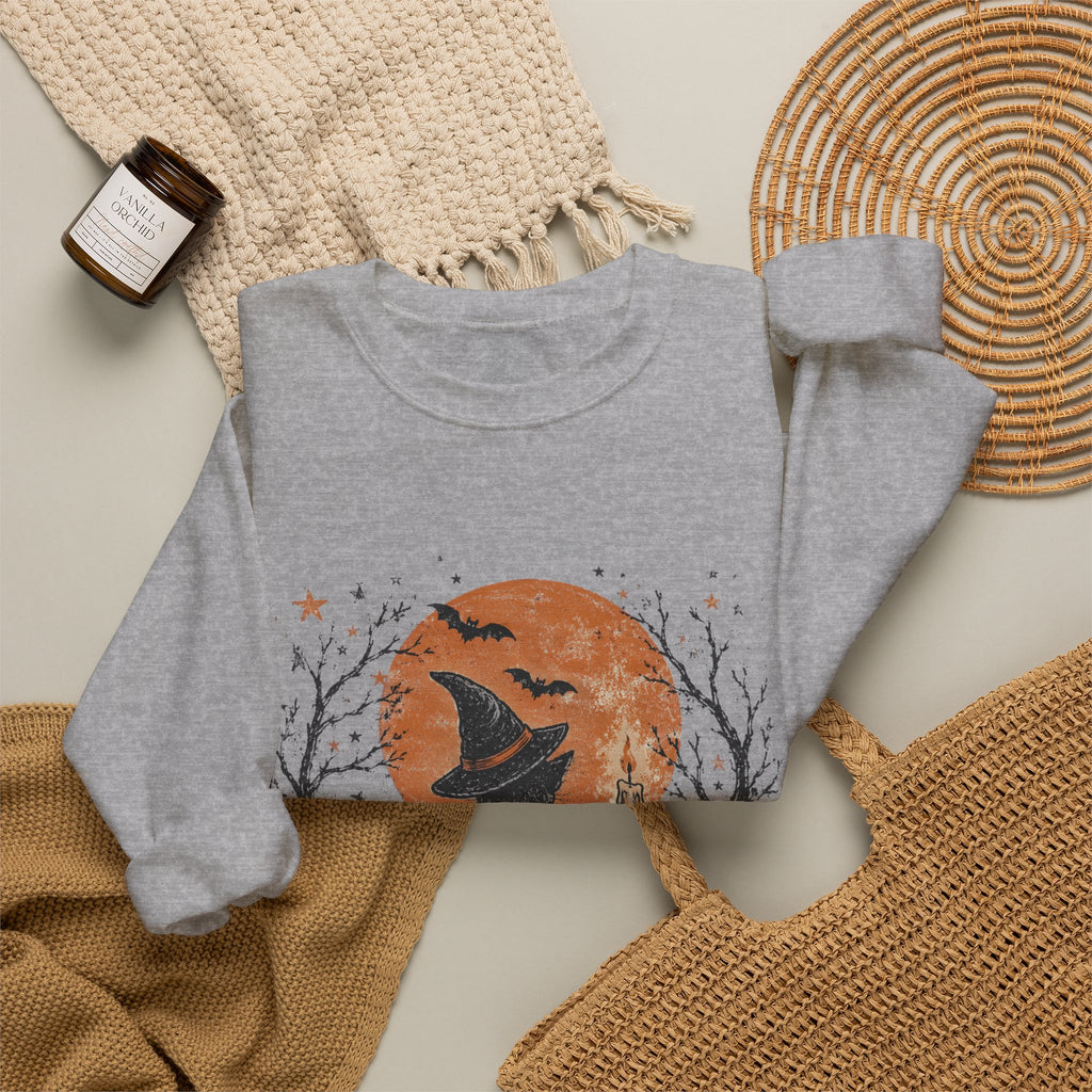 Halloween Cat & Pumpkin Crewneck Sweatshirt — Spooky Moonlit Witchy Vibe