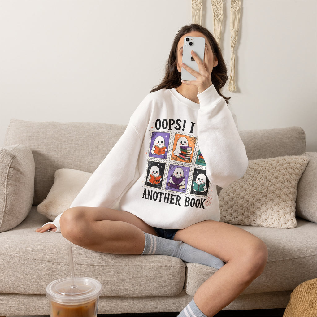 Crewneck Sweatshirt — "Oops! I Got Another Book" Cute Reading Ghosts Graphic
