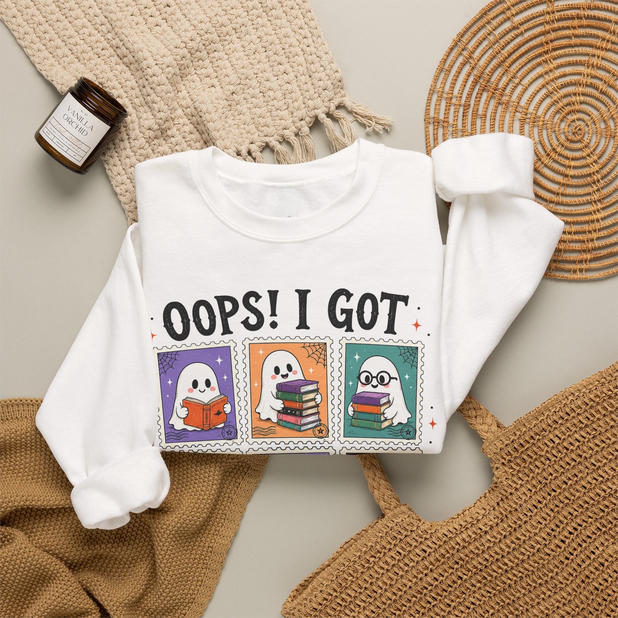 Crewneck Sweatshirt — "Oops! I Got Another Book" Cute Reading Ghosts Graphic