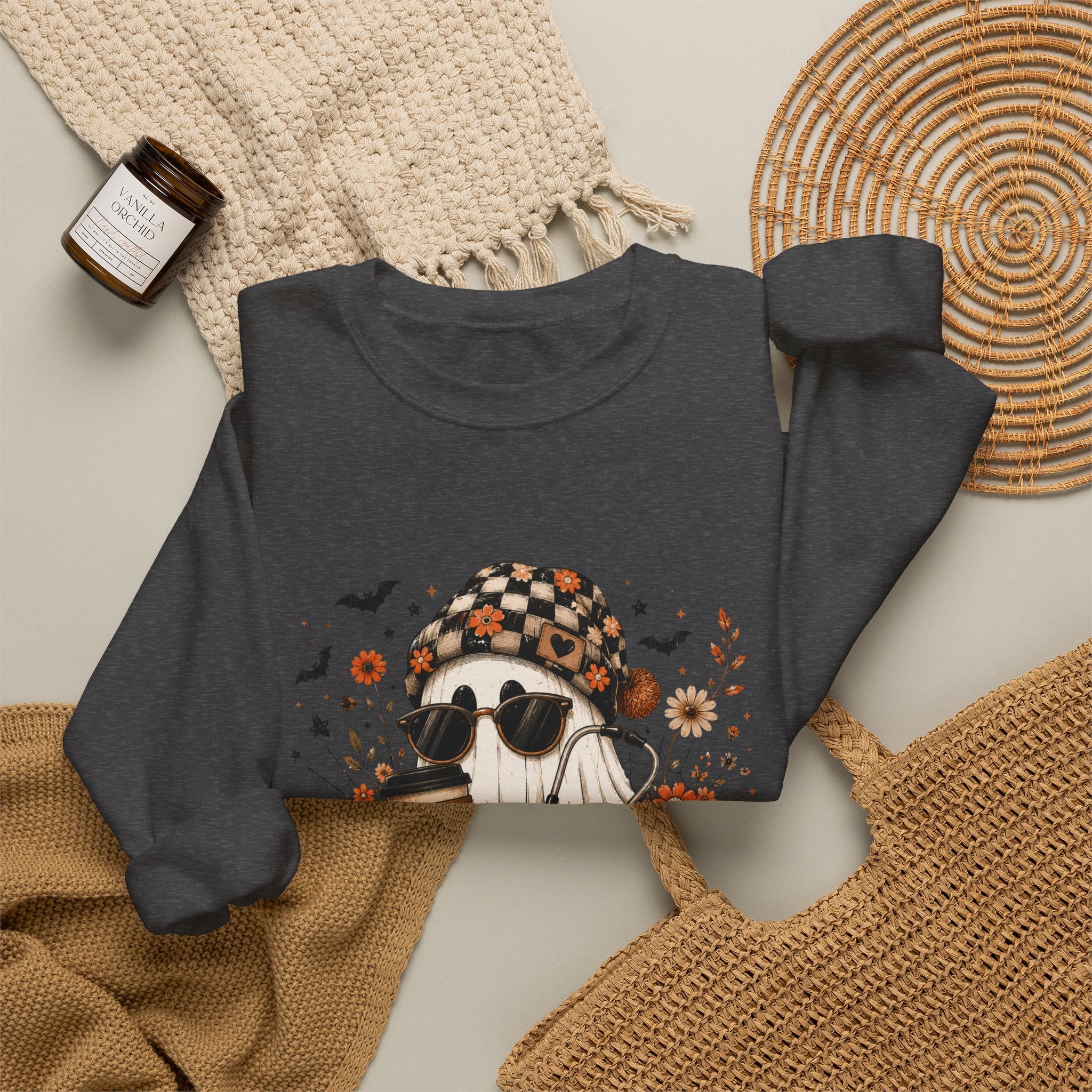 Cozy Halloween Ghost with Pumpkin Crewneck Sweatshirt | Fall Haunted Style Unisex