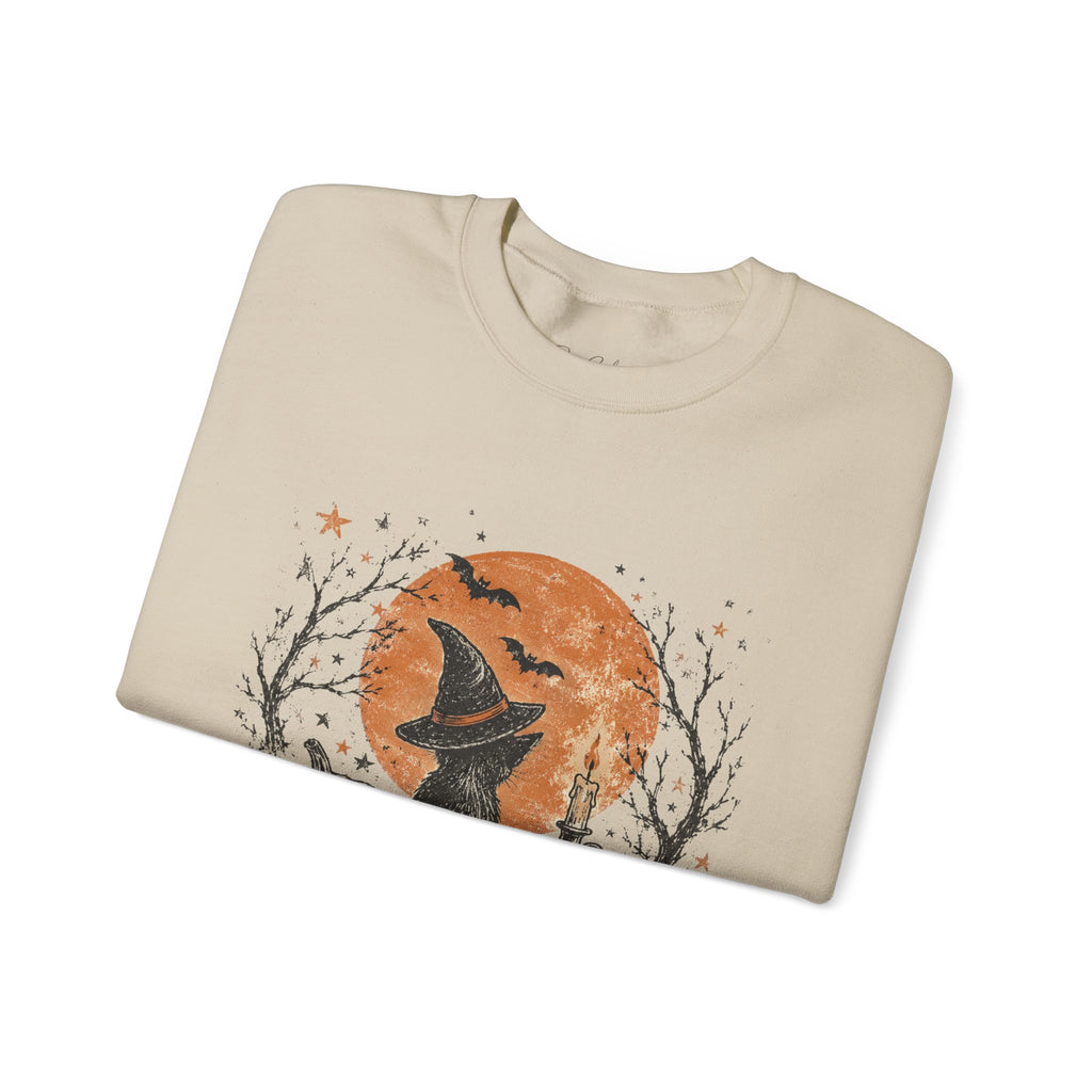 Halloween Cat & Pumpkin Crewneck Sweatshirt — Spooky Moonlit Witchy Vibe