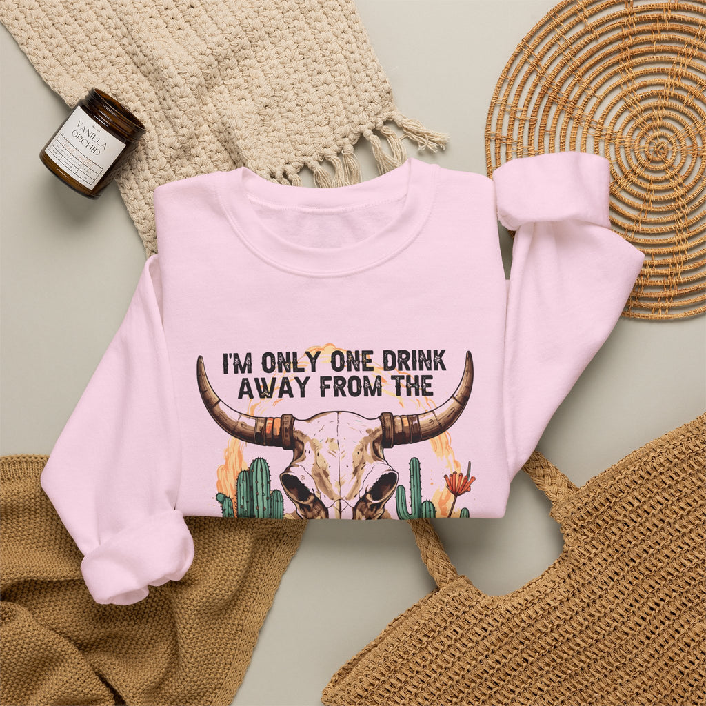 Devil Drink Sweatshirt — 'I'm Only One Drink Away From The Devil' Western Skull Crewneck Unisex