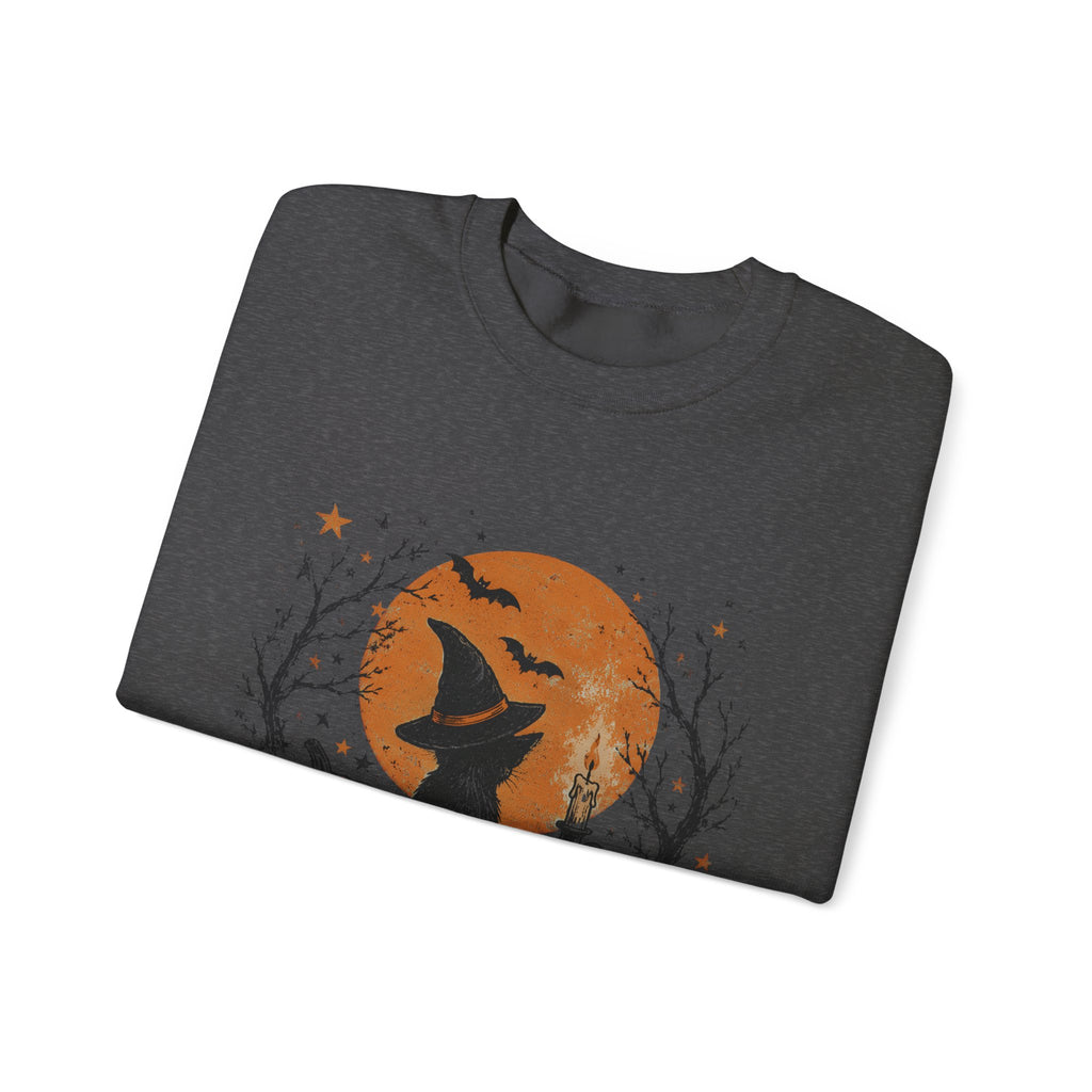 Halloween Cat & Pumpkin Crewneck Sweatshirt — Spooky Moonlit Witchy Vibe