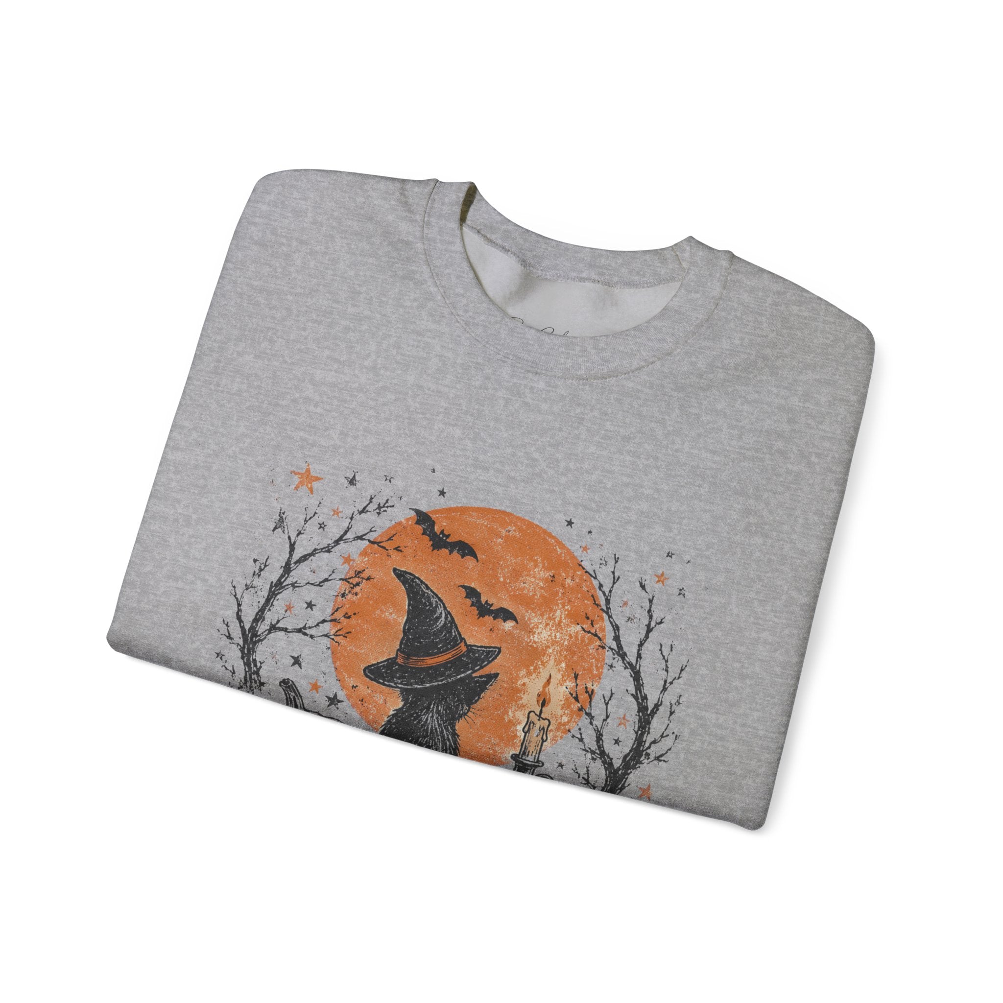 Halloween Cat & Pumpkin Crewneck Sweatshirt — Spooky Moonlit Witchy Vibe