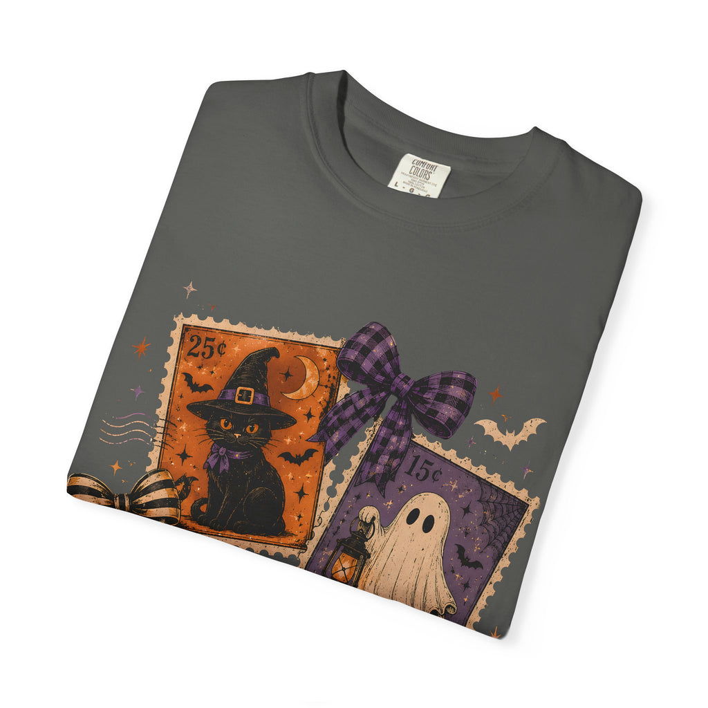 Vintage Halloween Stamps T-Shirt | Witch Ghost Haunted House Postage