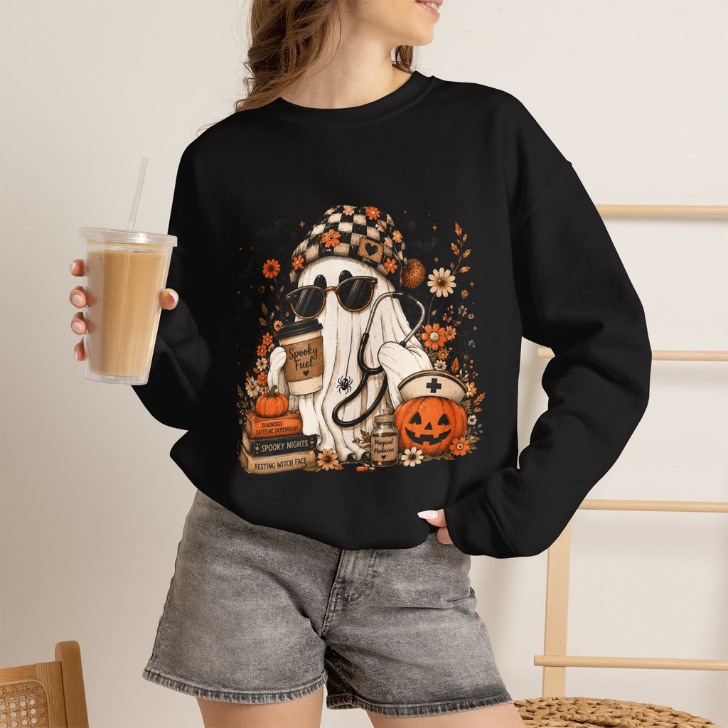 Cozy Halloween Ghost with Pumpkin Crewneck Sweatshirt | Fall Haunted Style Unisex