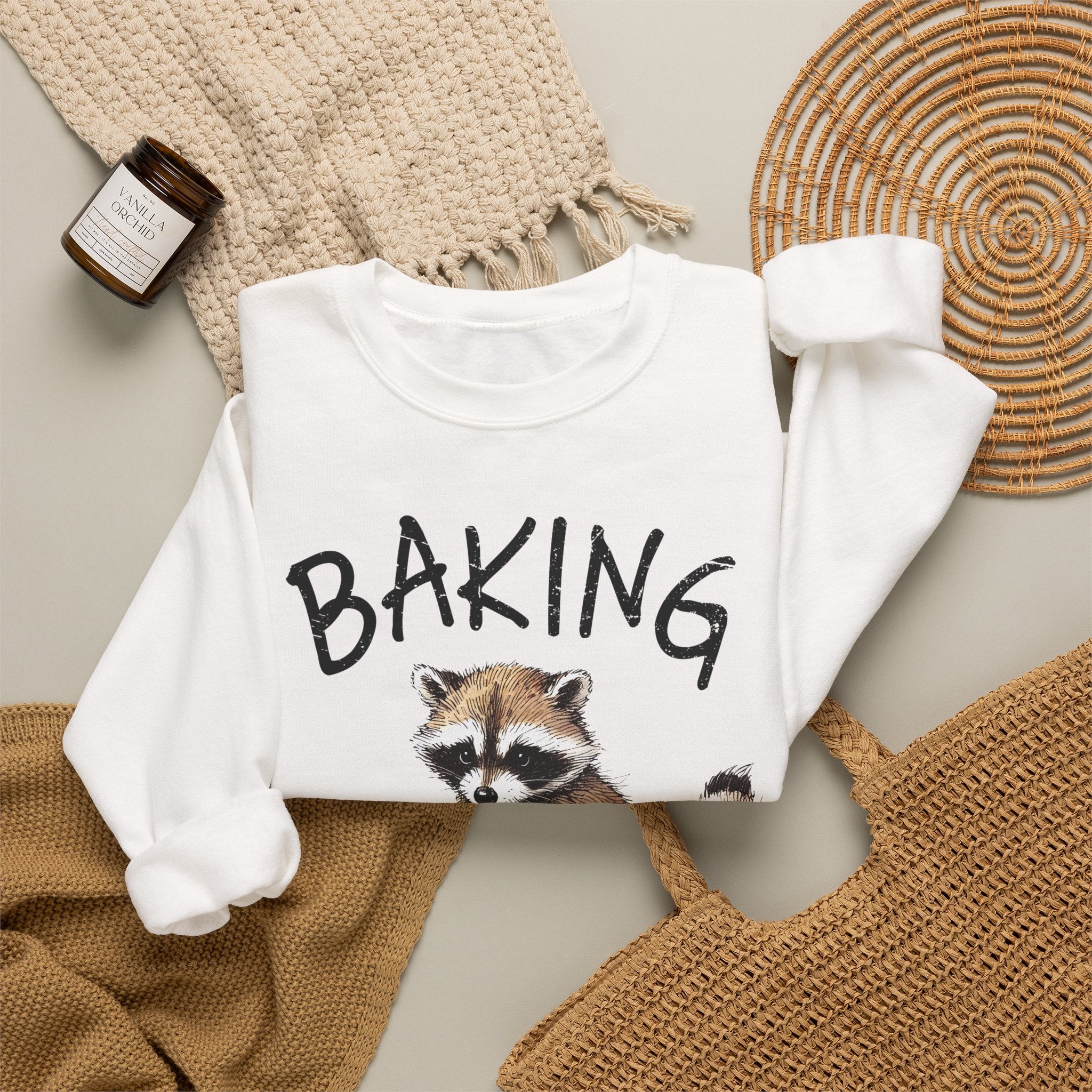 Crewneck Sweatshirt - 'Baking Because Murder Is Wrong' Raccoon Cozy Baking Crew
