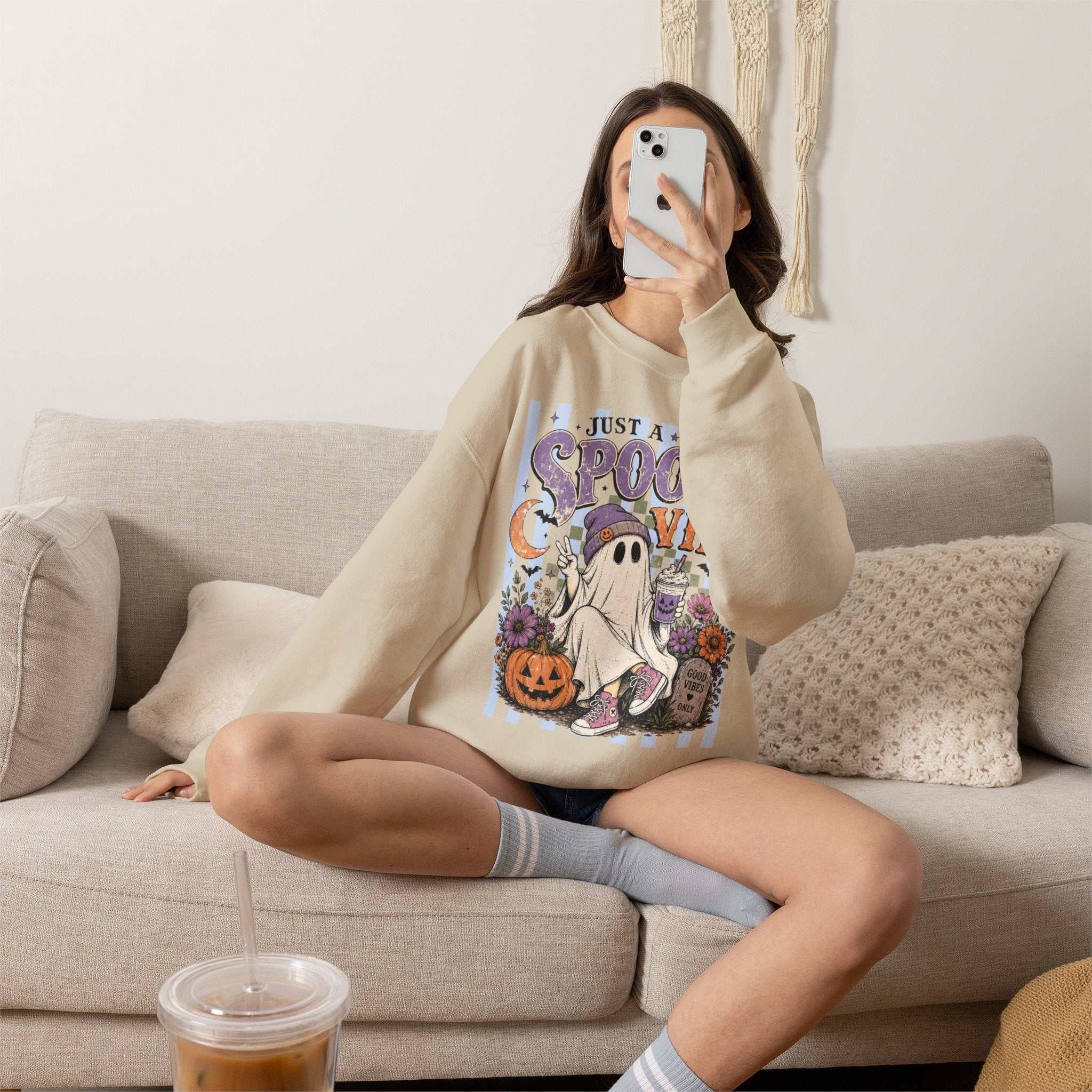 Spooky Vibe Crewneck Sweatshirt – Cute Ghost Halloween Graphic