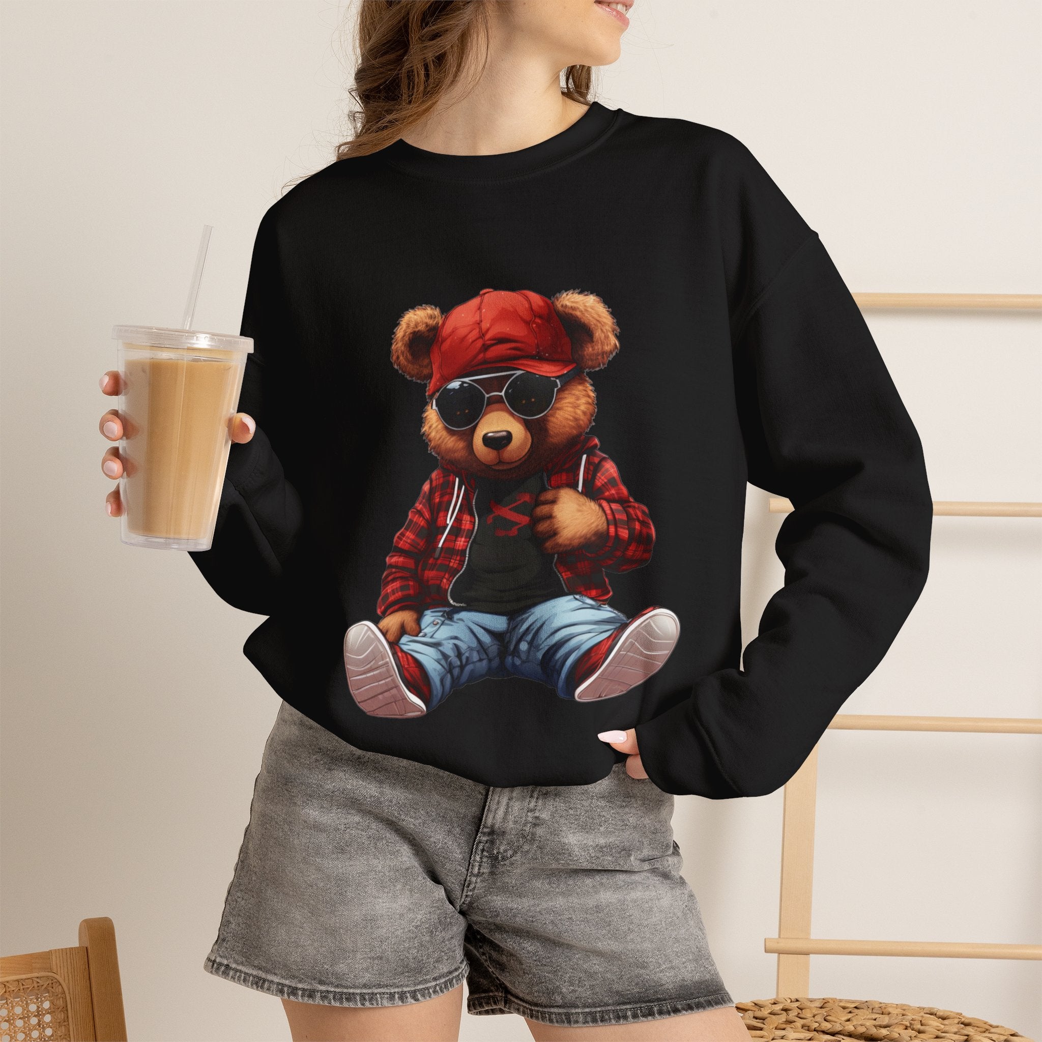 Cool Teddy Bear Crewneck Sweatshirt - Hipster Bear Graphic Pullover