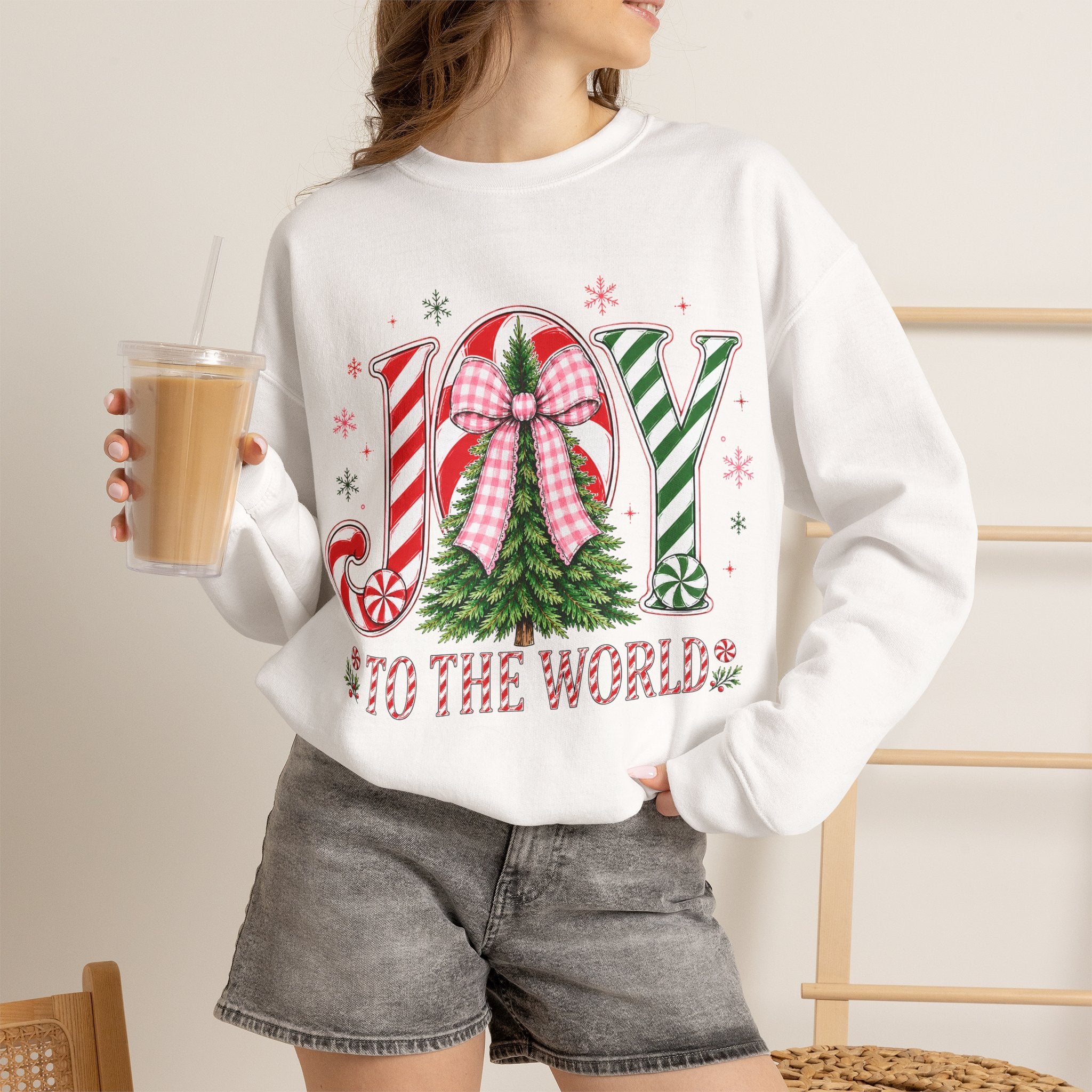 JOY to the World Christmas Sweatshirt — Festive Candy Cane & Wreath Holiday Crewneck