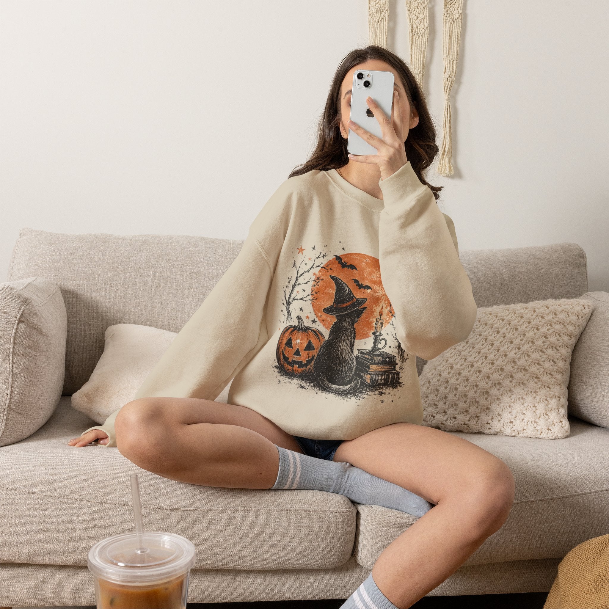 Halloween Cat & Pumpkin Crewneck Sweatshirt — Spooky Moonlit Witchy Vibe