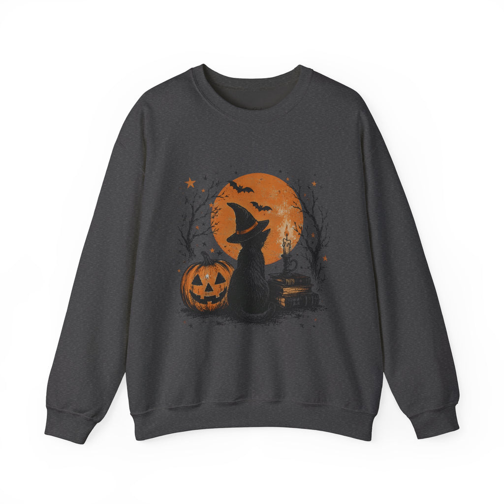 Halloween Cat & Pumpkin Crewneck Sweatshirt — Spooky Moonlit Witchy Vibe