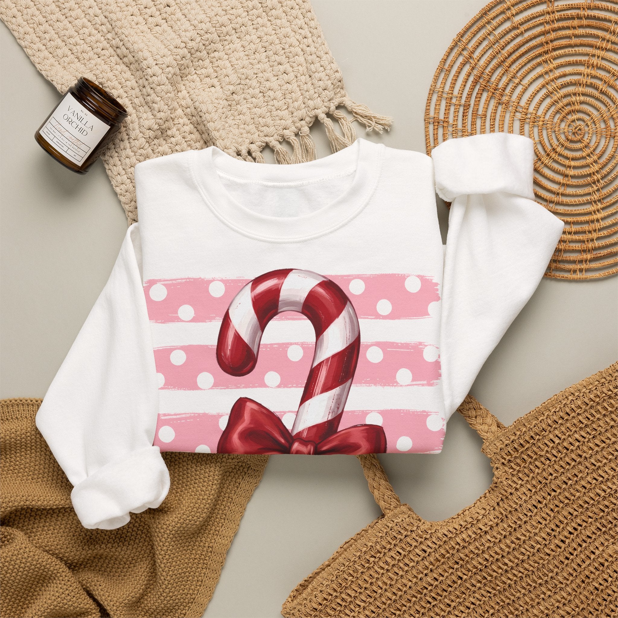 Candy Cane Bow Crewneck Sweatshirt — Holiday Christmas Sweater