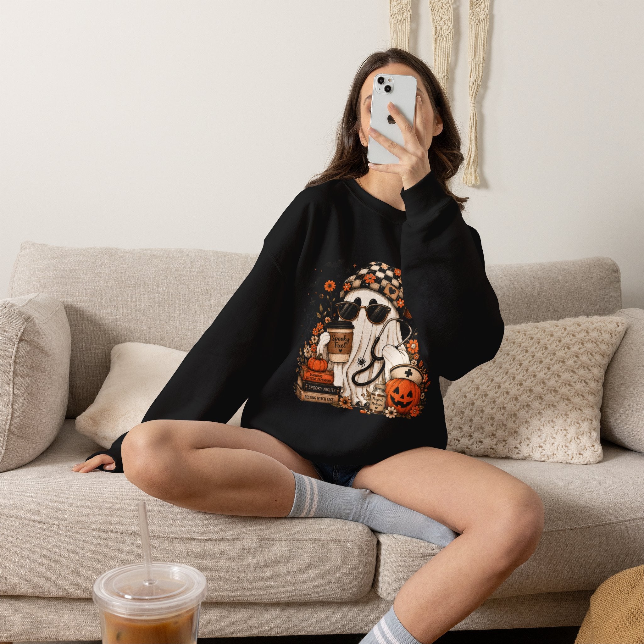 Cozy Halloween Ghost with Pumpkin Crewneck Sweatshirt | Fall Haunted Style Unisex