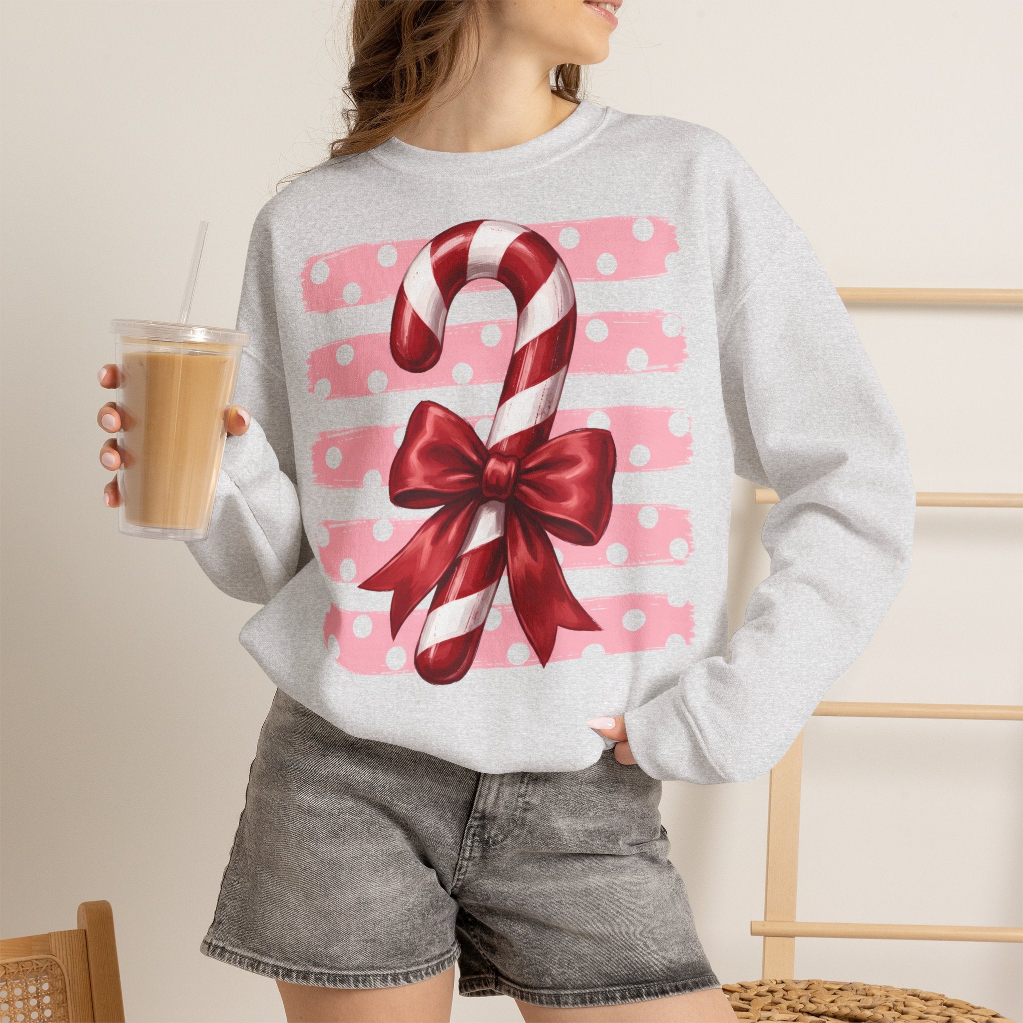 Candy Cane Bow Crewneck Sweatshirt — Holiday Christmas Sweater