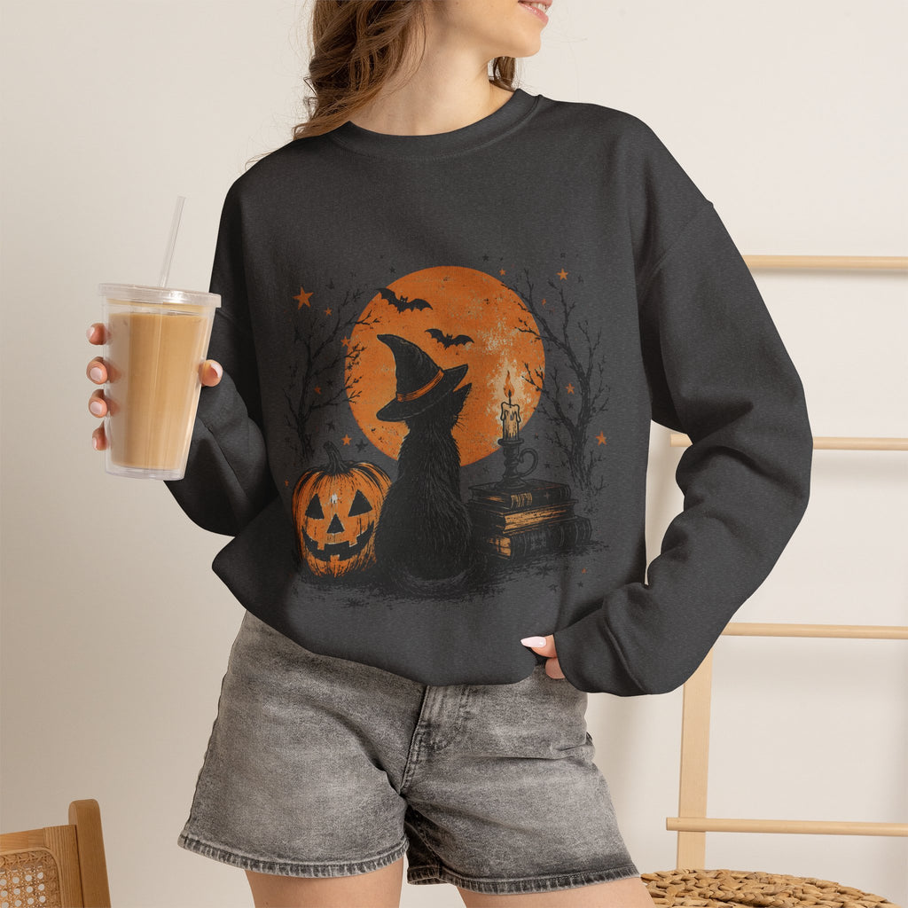 Halloween Cat & Pumpkin Crewneck Sweatshirt — Spooky Moonlit Witchy Vibe