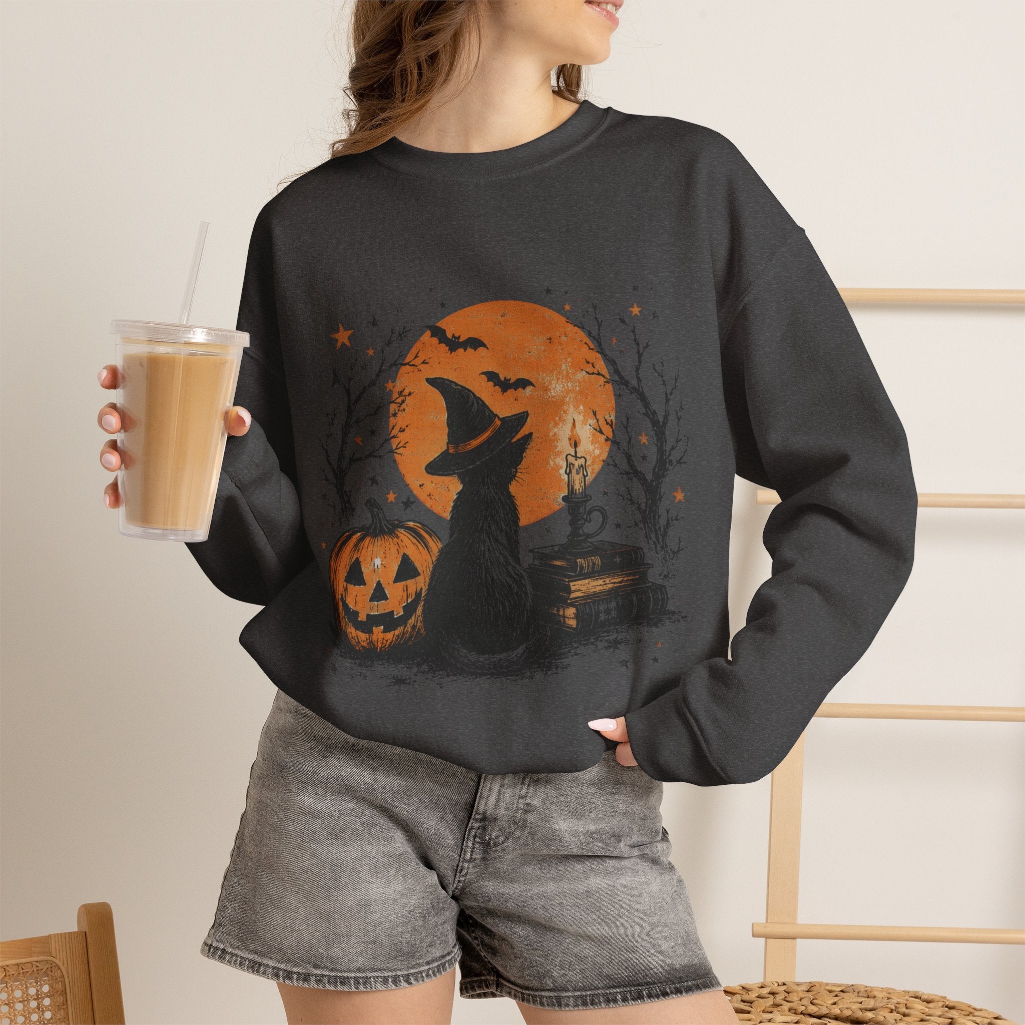 Halloween Cat & Pumpkin Crewneck Sweatshirt — Spooky Moonlit Witchy Vibe