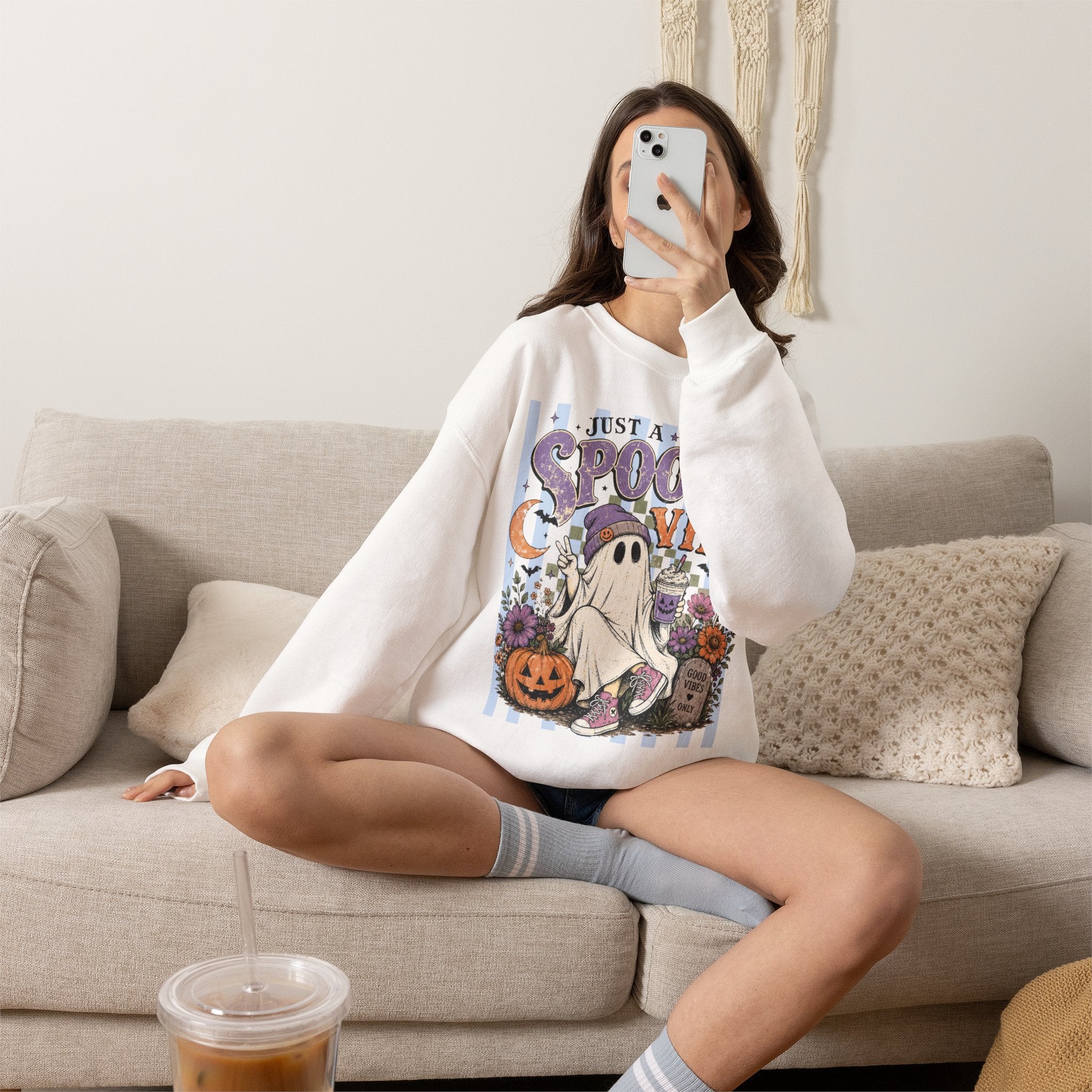 Spooky Vibe Crewneck Sweatshirt – Cute Ghost Halloween Graphic