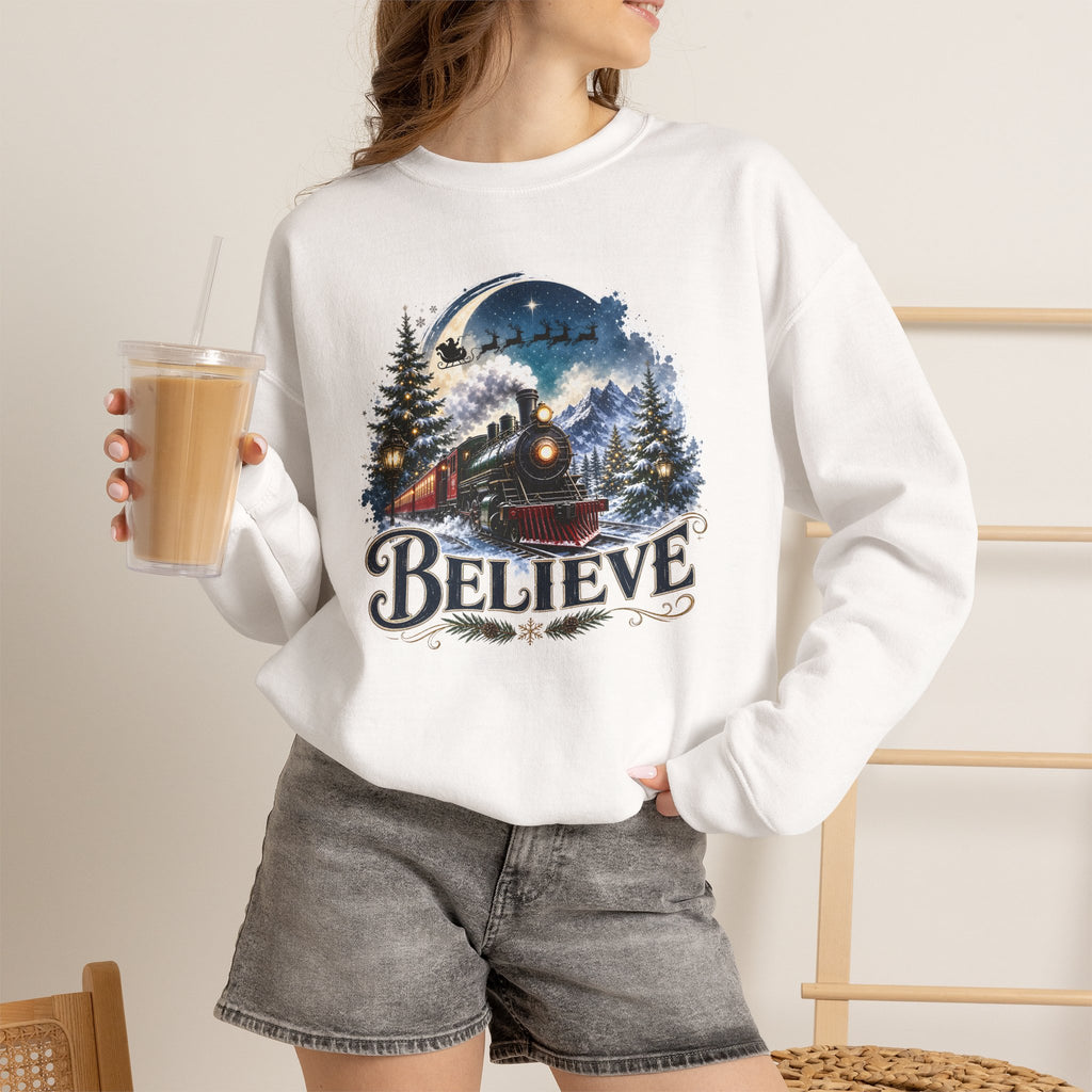 Believe Train Sweatshirt - Vintage Holiday Winter Steam Locomotive Crewneck