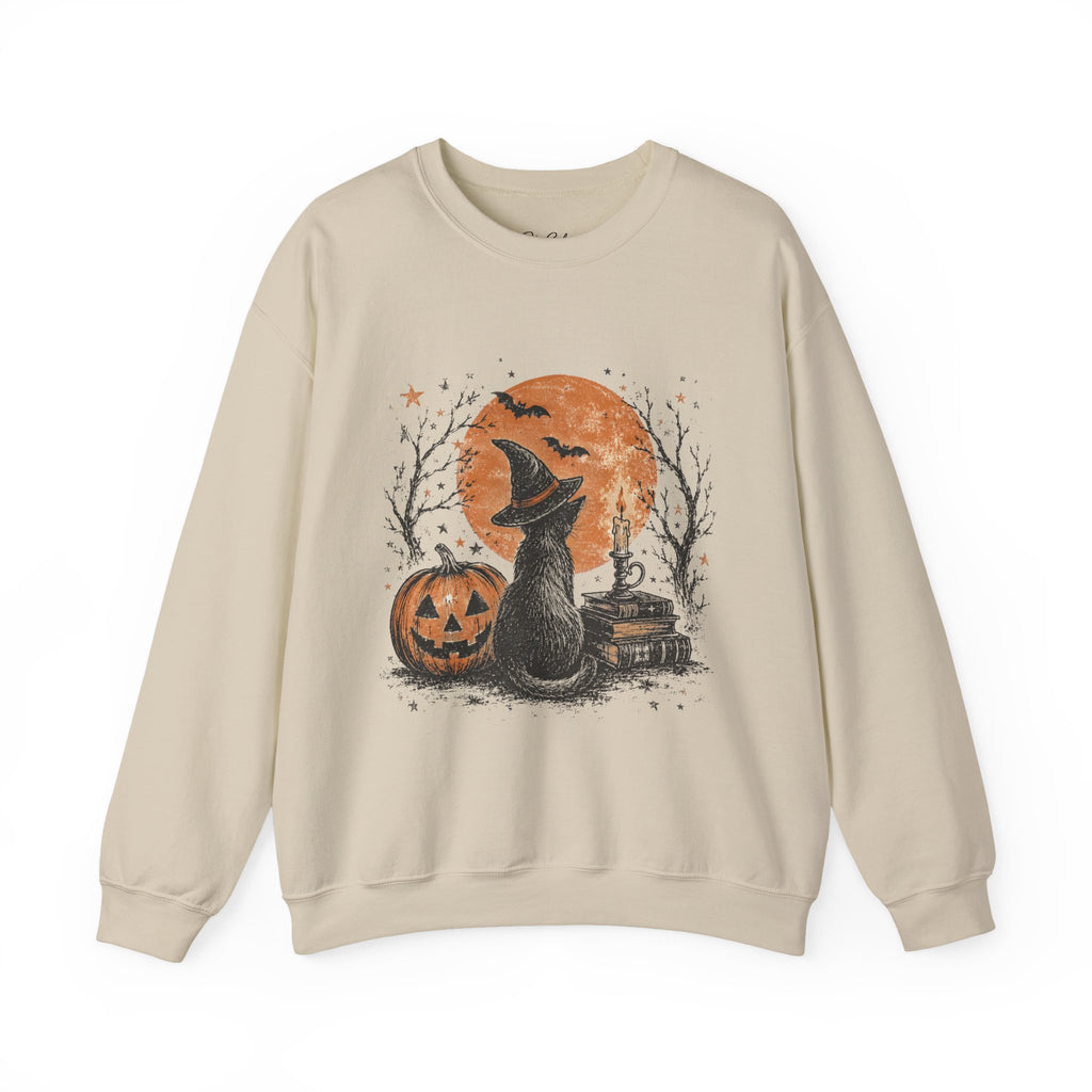 Halloween Cat & Pumpkin Crewneck Sweatshirt — Spooky Moonlit Witchy Vibe