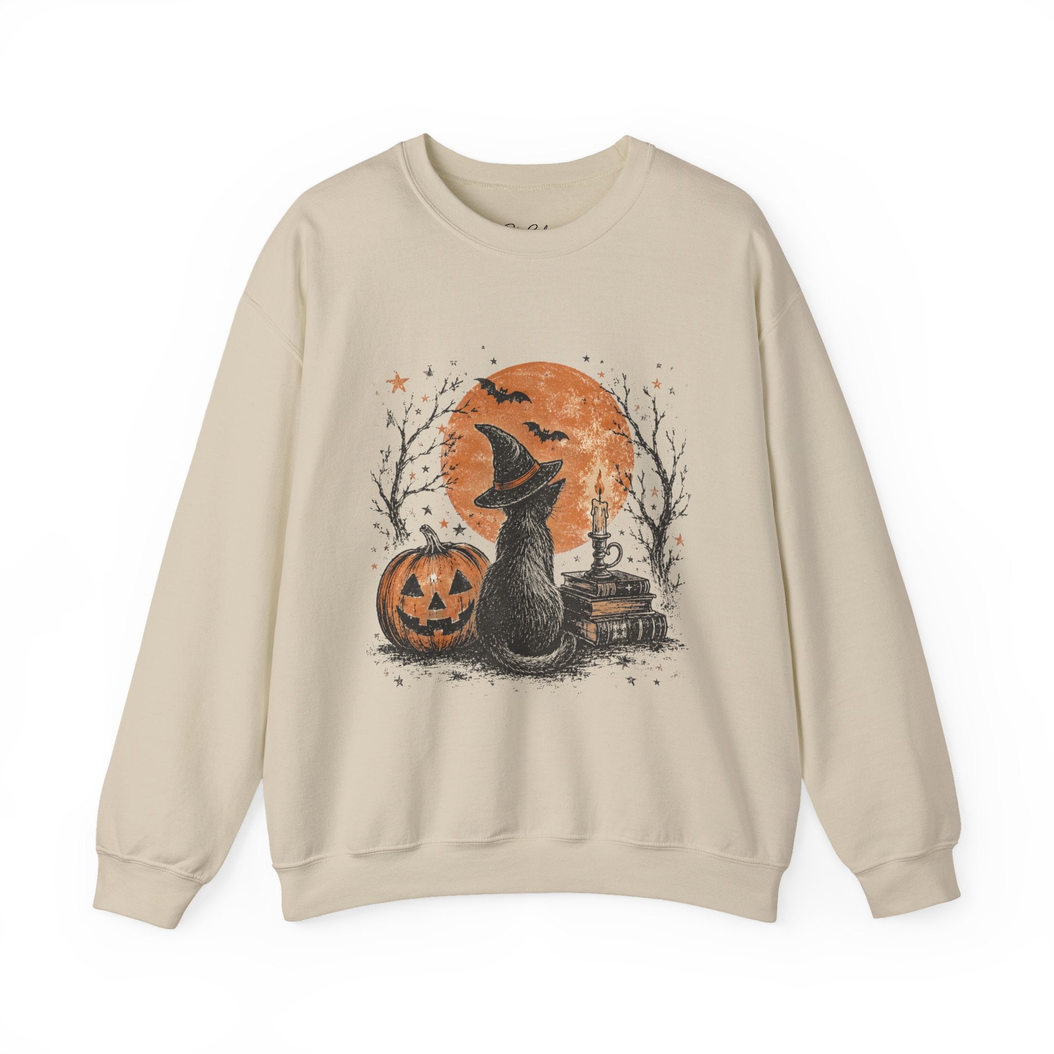 Halloween Cat & Pumpkin Crewneck Sweatshirt — Spooky Moonlit Witchy Vibe