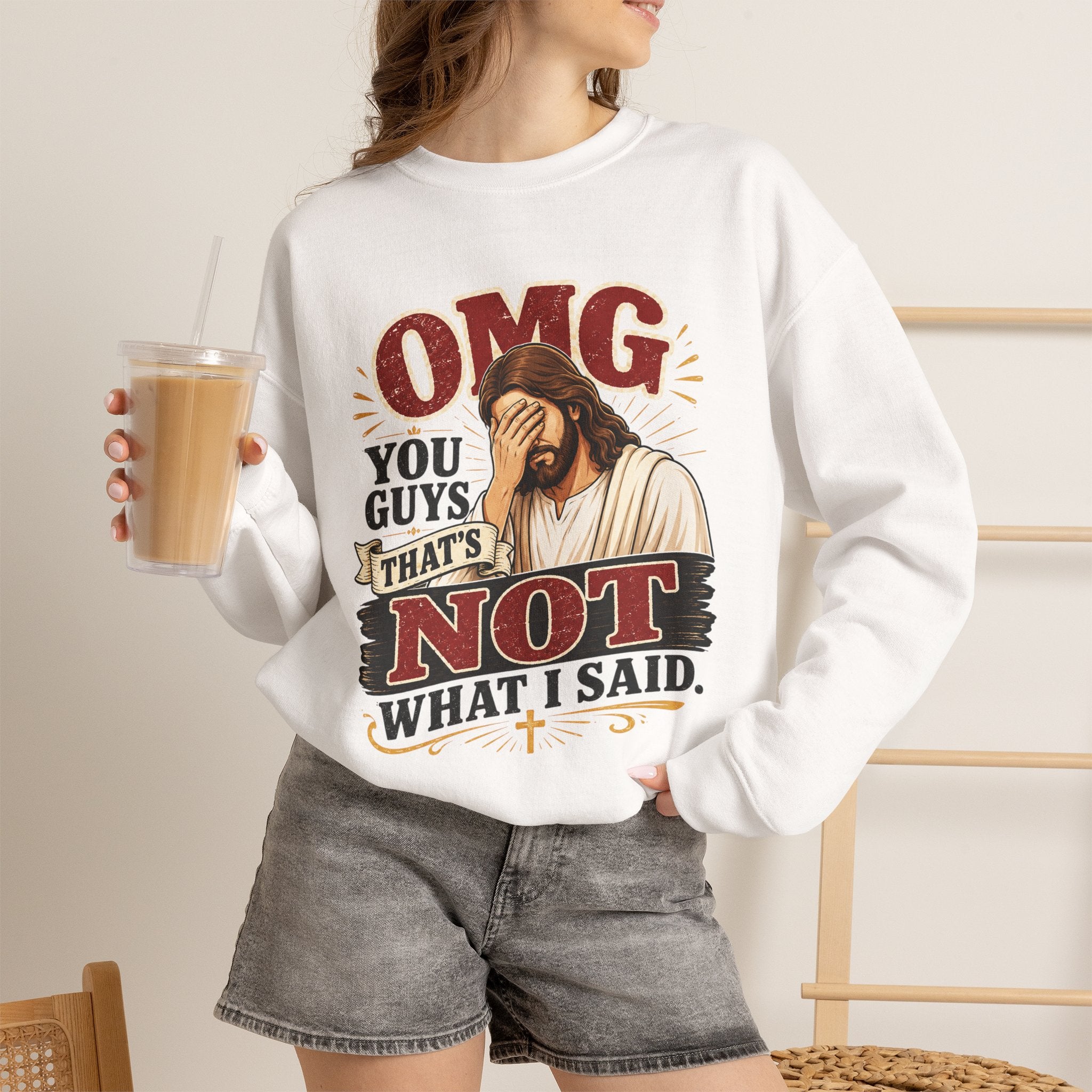 Relatable Jesus Facepalm Crewneck Sweatshirt – "OMG You Guys That's Not What I Said" Christian Pullover