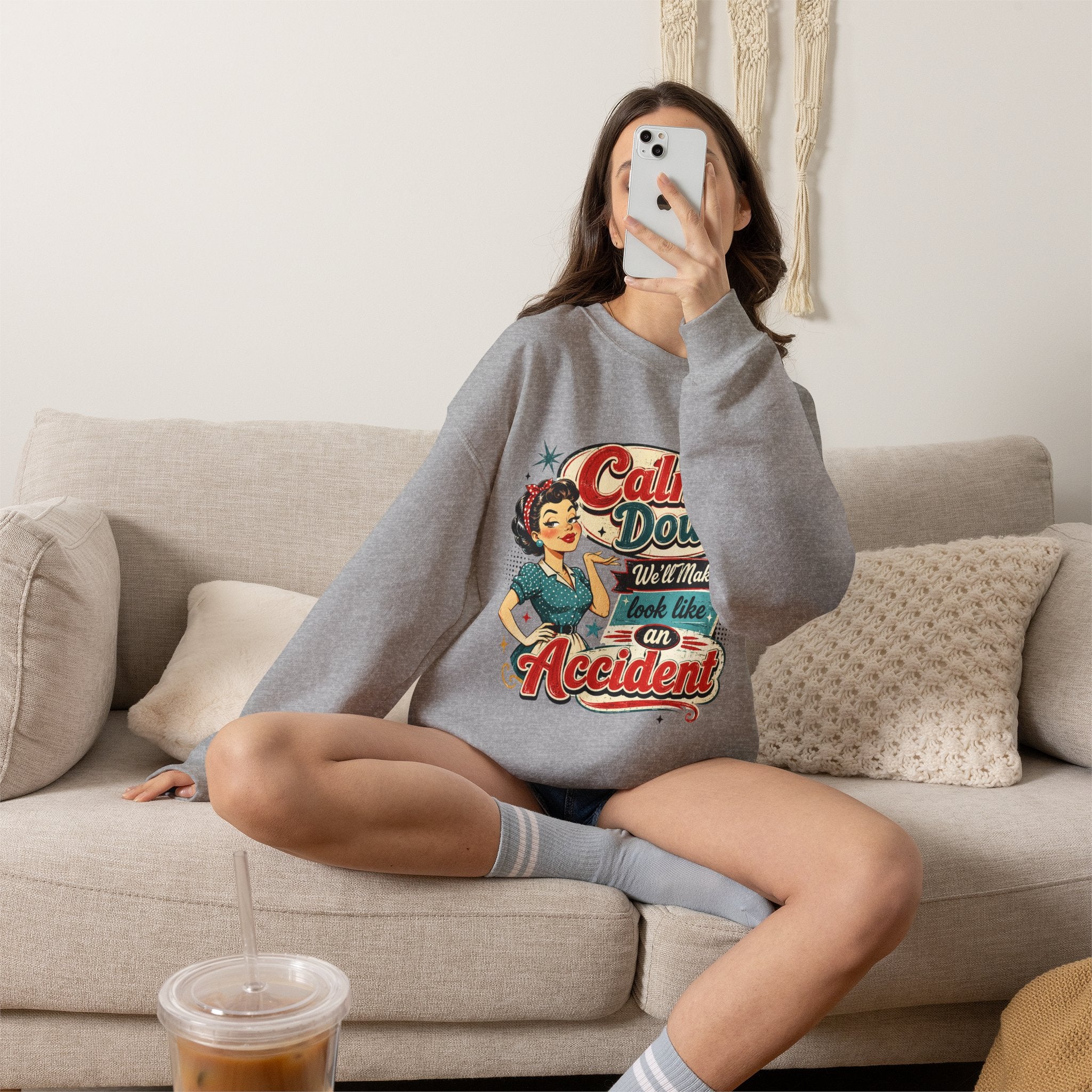 Crewneck Sweatshirt — Vintage 'Calm Down, We'll Make It Look Like An Accident' Retro Pin-Up Design