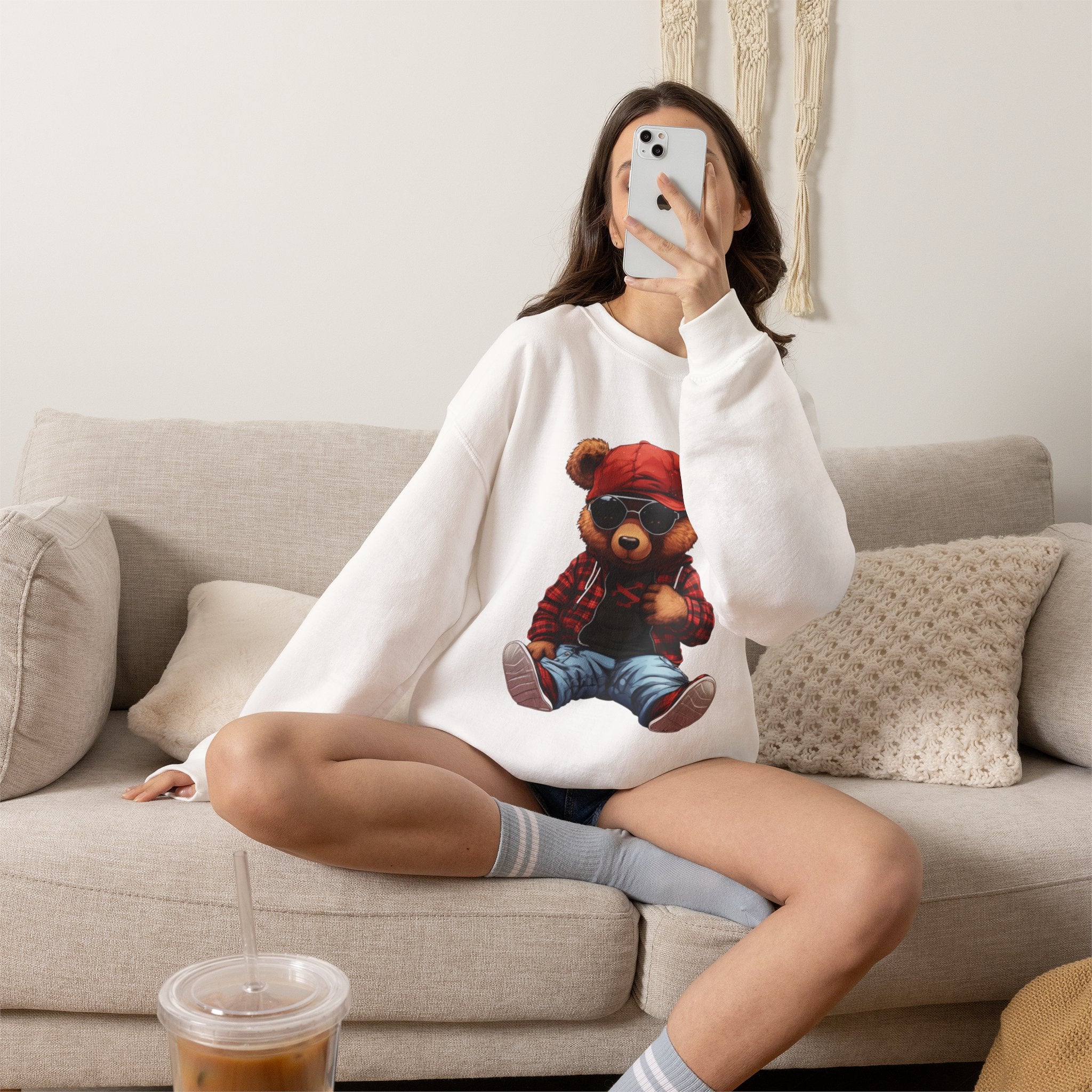 Cool Teddy Bear Crewneck Sweatshirt - Hipster Bear Graphic Pullover