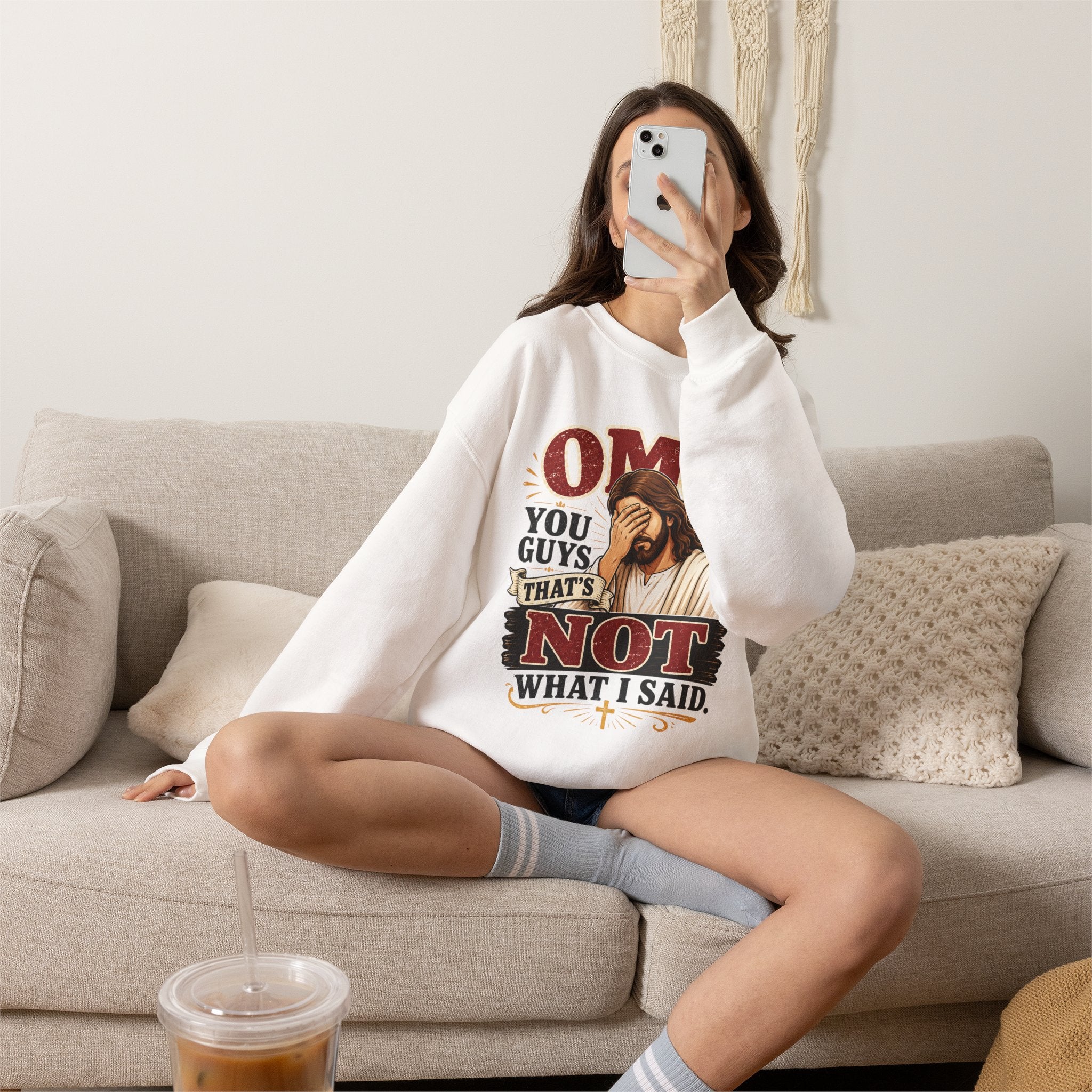 Relatable Jesus Facepalm Crewneck Sweatshirt – "OMG You Guys That's Not What I Said" Christian Pullover