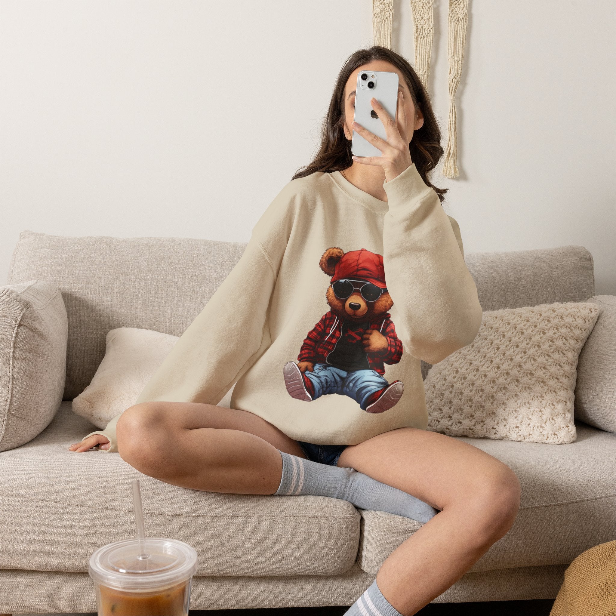 Cool Teddy Bear Crewneck Sweatshirt - Hipster Bear Graphic Pullover
