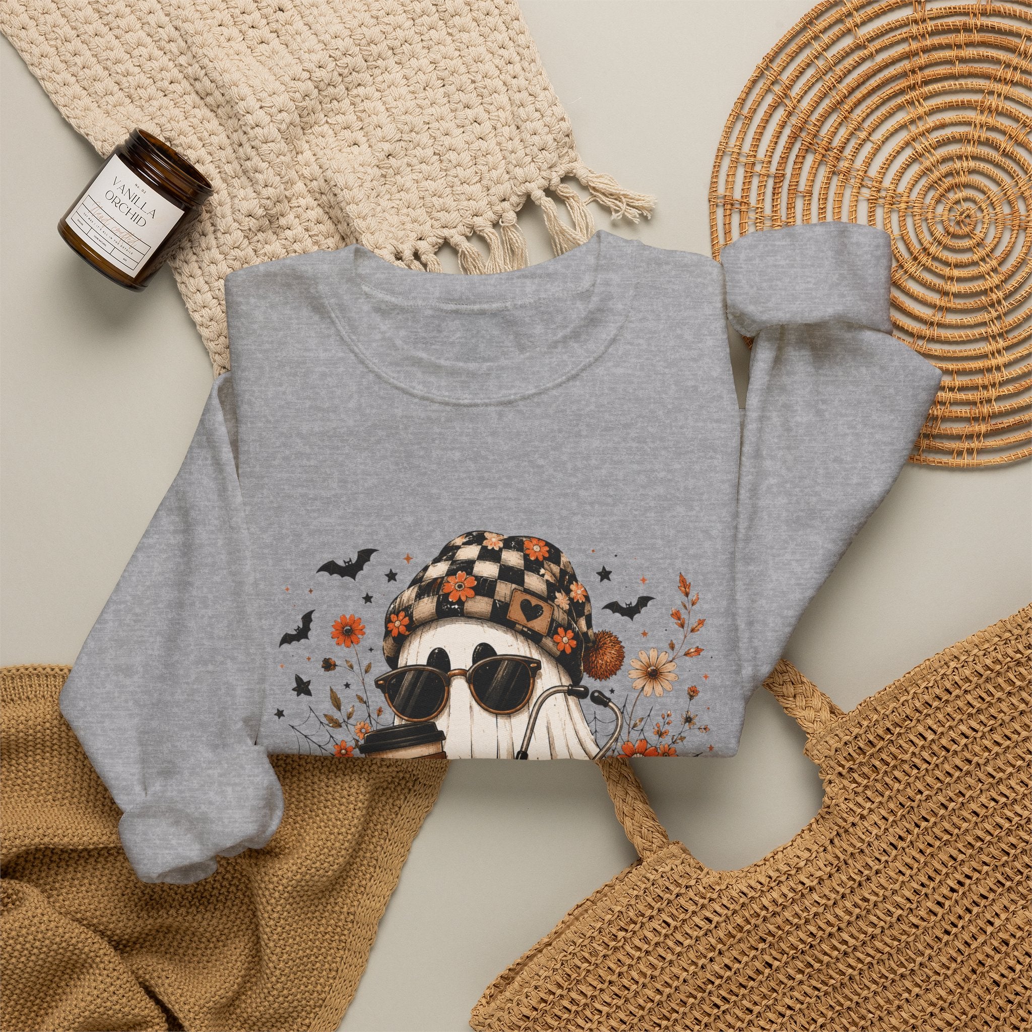 Cozy Halloween Ghost with Pumpkin Crewneck Sweatshirt | Fall Haunted Style Unisex